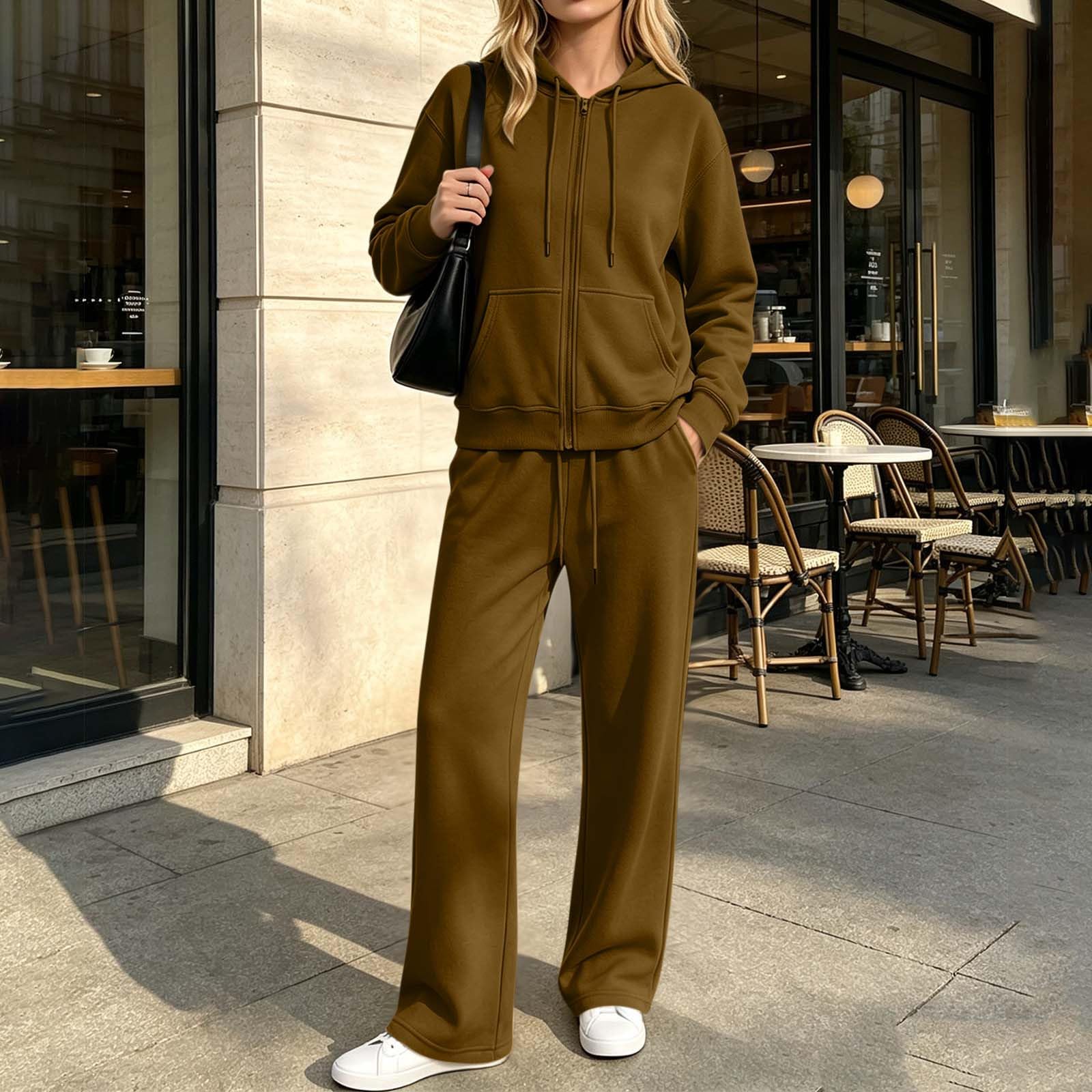 Tuta da donna, set da 2 pezzi con cappuccio e pantaloni della tuta a maniche lunghe con cerniera e pantaloni della tuta sottili foderati in pile casual set da salotto tuta da allenamento per palestra