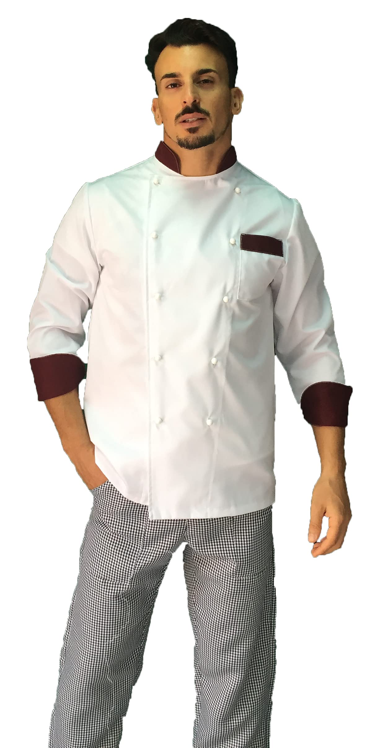Ricamo Gratuito - Completo Cuoco Uomo - Bianco/Bordeaux - Divisa Chef - Giacca, Pantaloni e Grembiule - Uniforme per Cucina e Ristorante - Made in Italy