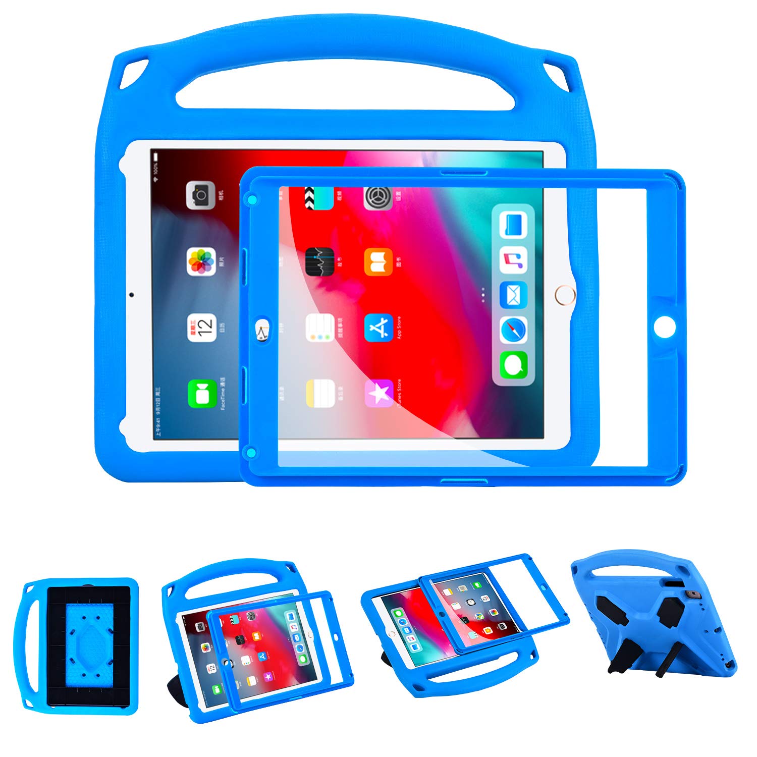 i-original Compatible with New iPad 9.7 Inch 2018/2017 EVA Shockproof Case for Kids Handle Cover, Multi-Angle Kickstand Light Weight EVA Protective Stand Bumper Cover with Screen Protector(Blue)