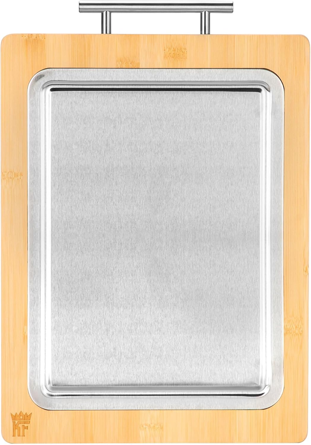 KF Double Sided Cutting Board - Bamboo and Stainless Steel Cutting Boards for Kitchen, Non Toxic Reversible Chopping Board for Meat and Veggies