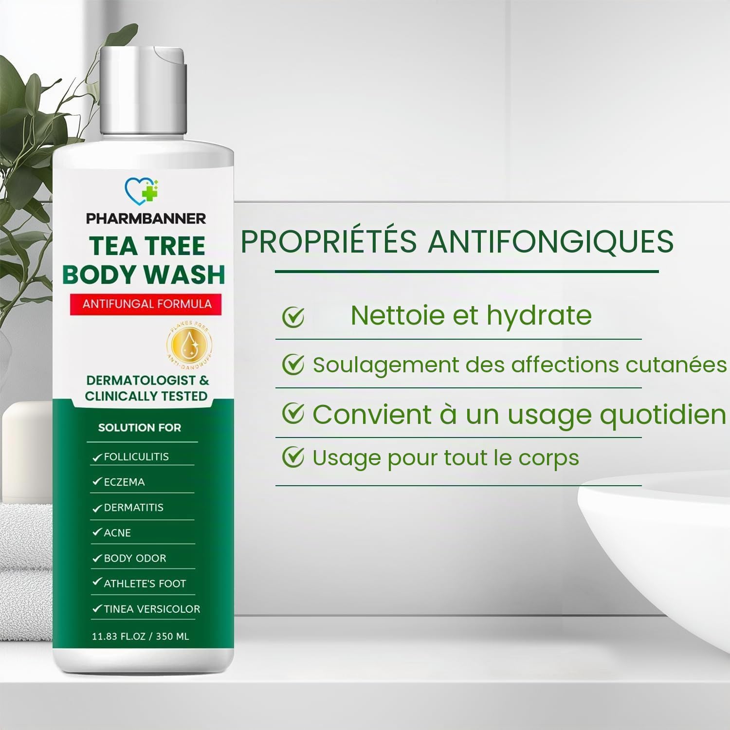 Tea Tree Gel douche antifongique : traitement de la folliculite pour la peau sujette à la dermatite, l'acné du visage et du corps, démangeaisons, pied d'athlète, teigne, tinea versicolor, odeur