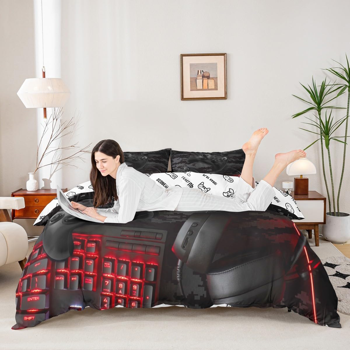 Gaming Gamepad Duvet Cover Set Toddler Size,Camo Keyboard Headphone Bedding Set,Boys Girls Room Decor,Camoflage Videogames Controller Console Comforter Cover,Black Quilt Cover,1 Pillowcase(No Filler) image 3