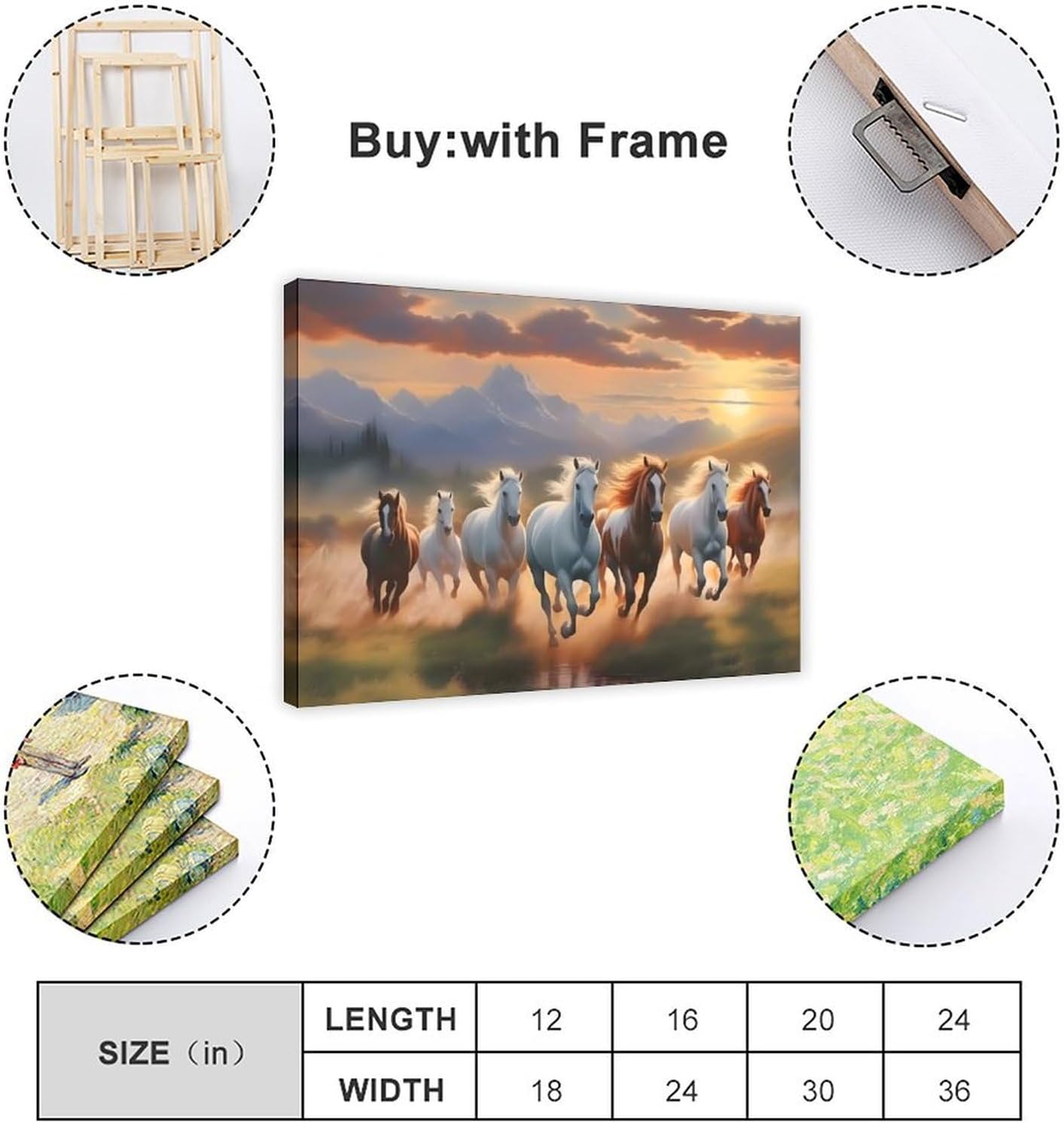 Seven Lucky Running Wild Horses Wall Art Animal Posters 7 Horses Running Painting 3 Canvas Poster Wall Art Decor Print Picture Paintings for Living Room Bedroom Decoration Frame-style Frame-style12x1