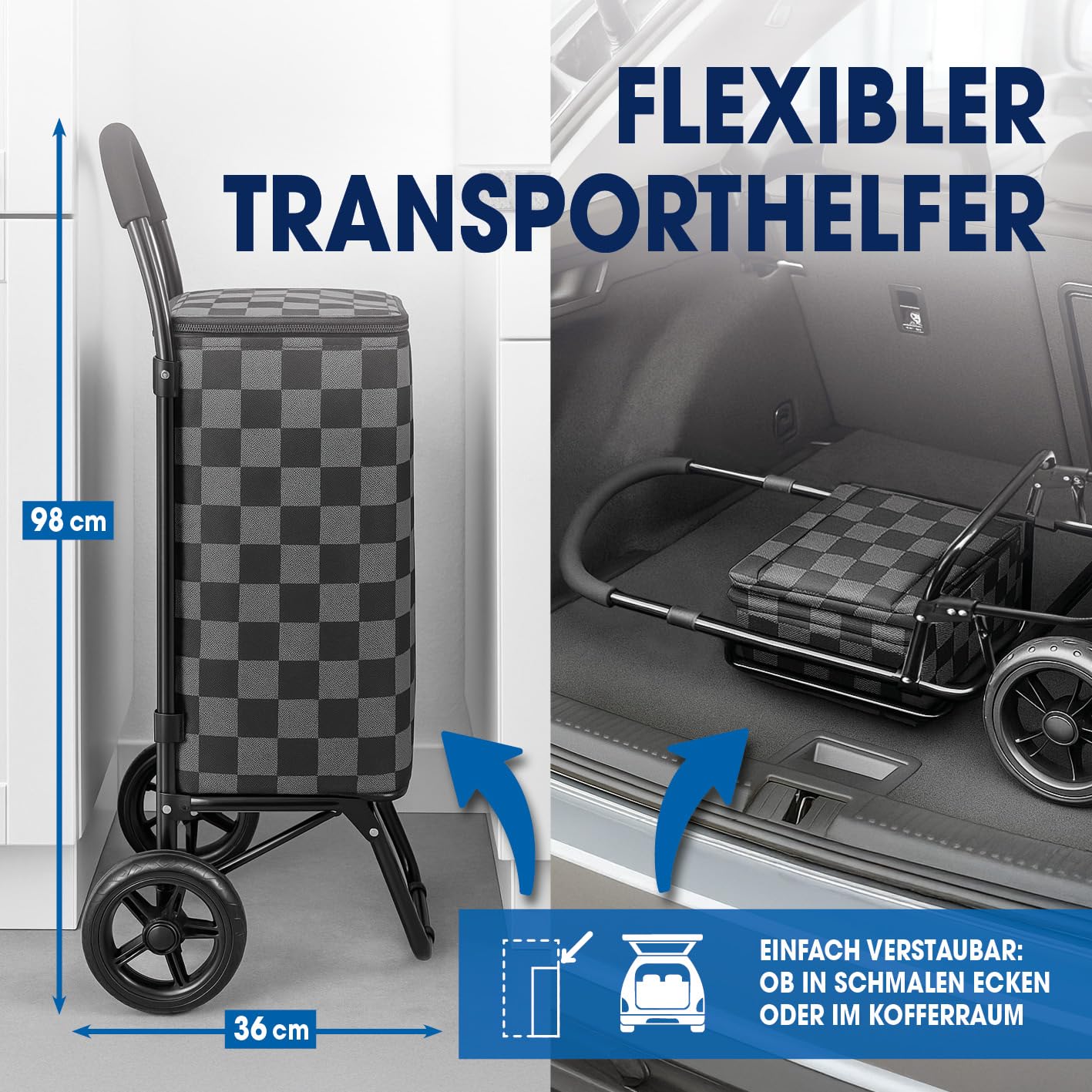 EASYmaxx Einkaufstrolley klappbar 52 L, bis 30 kg | Einkaufstrolley mit Kuehlfach & Sackkarre | Trolly Einkaufswagen mit Abnehmbarer Tasche | Einkaufstasche mit Rollen & Kühltasche - auch für Pakete