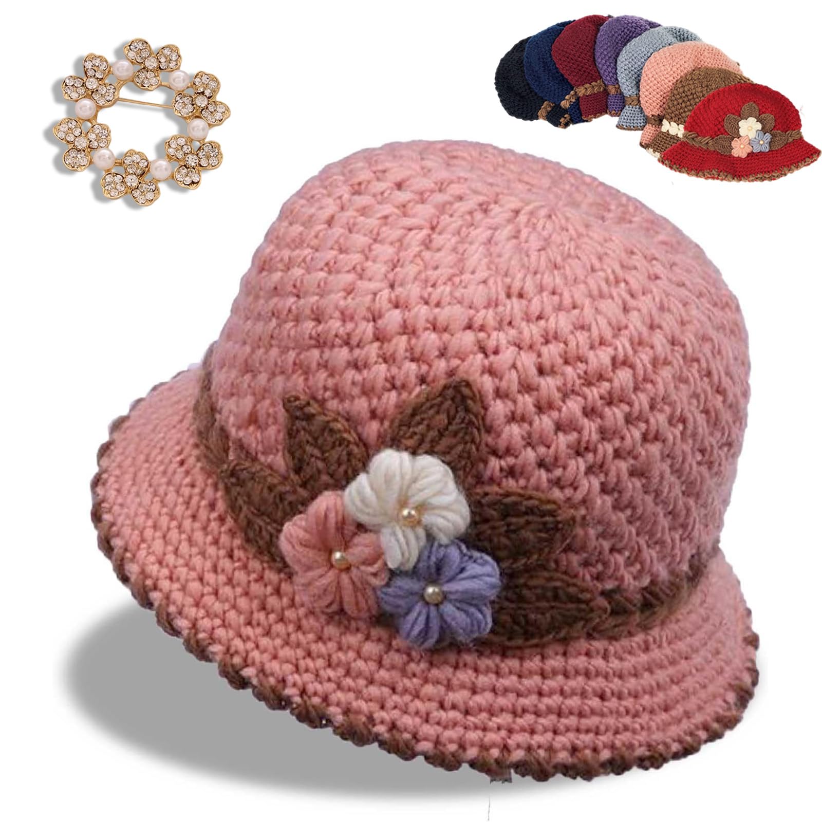 HOPASRISEE Women's Flowers Knitted Woolen Hat, Women's Classic French Beret Warm and Windproof Knitted Crochet Flower Knitting Hat, Breathable Knit Skullcap Ladies Winter Hats (Pink)