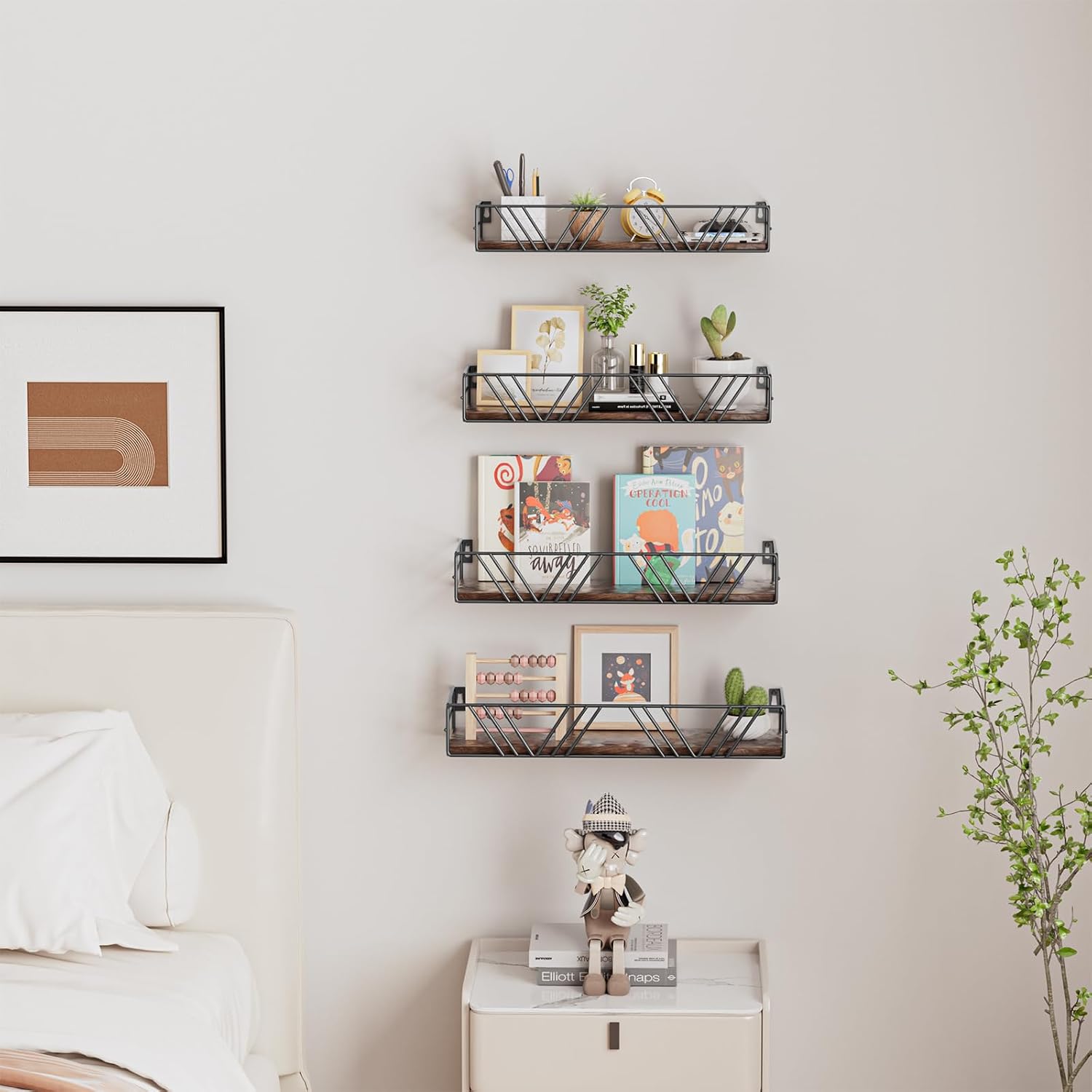 Condition photo showing New/Like New for amaoot floating shelves for wall set of 4, different sizes mounted wood floating shelf, wall shelves for living room, bedroom, bathroom, kitchen, farmhouse decor, office brown