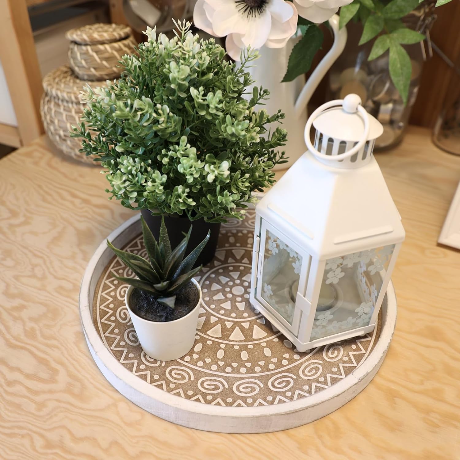 Boho Round Wooden Decorative Tray, White Farmhouse Candles Tray for Home Decor, A Pattern - Image 3
