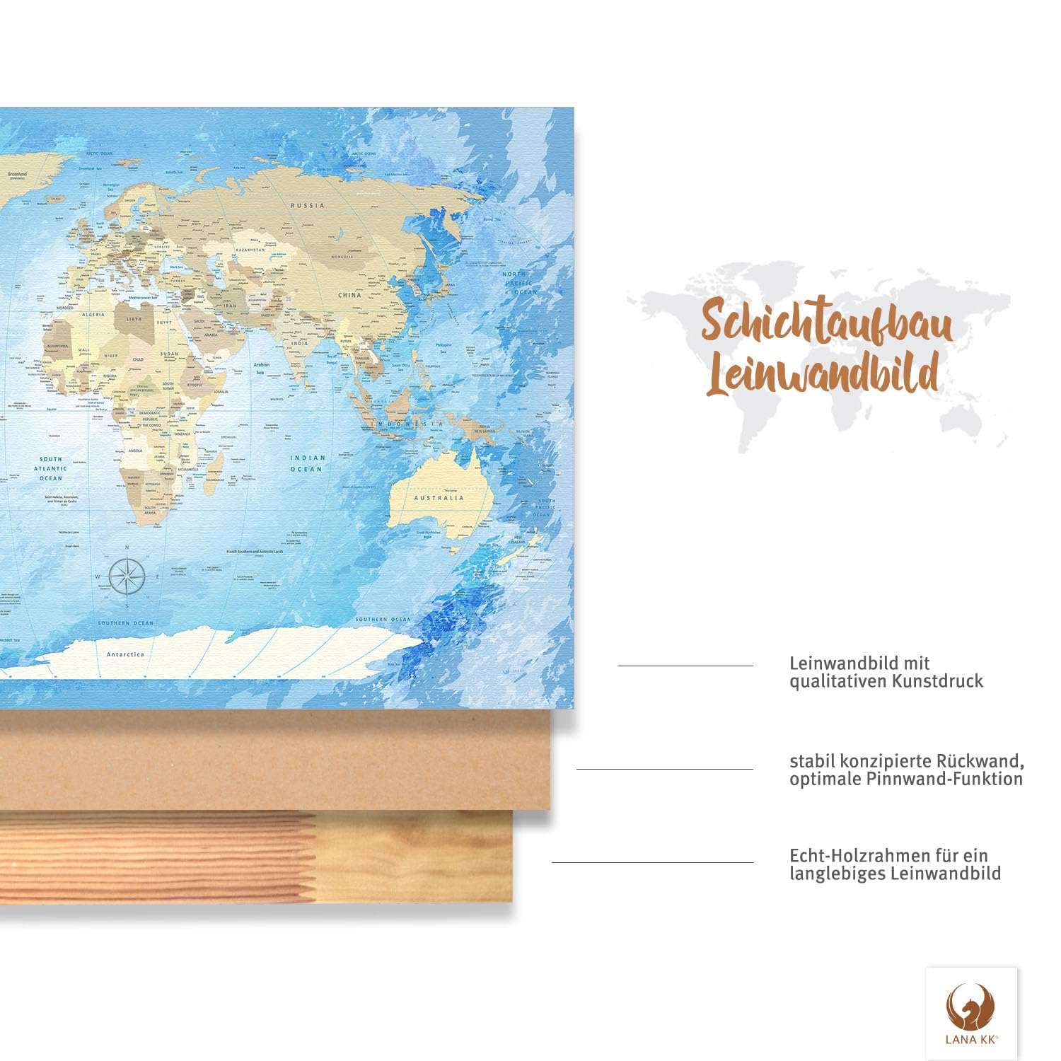 LanaKK World Map Frozen - Planisfero da parete con dorso in sughero e pregiata tela stampata su telaio, dimensioni: 120 x 80 cm, 1 pezzo