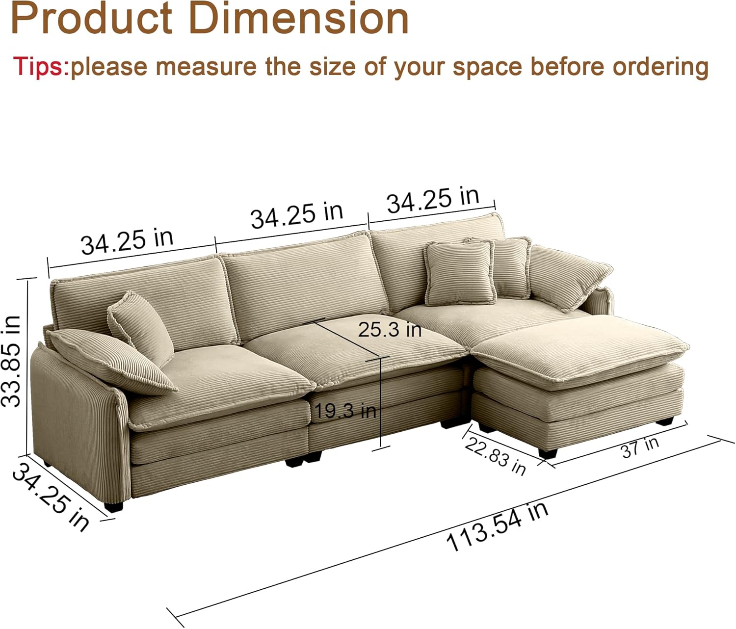 115" Sectional Couches for Living Room,Modular L Shaped Sofa with Chaise,Modern Sofa with Ottoman for Apartment,Small Space(Camel,3 Seats with Ottoman)