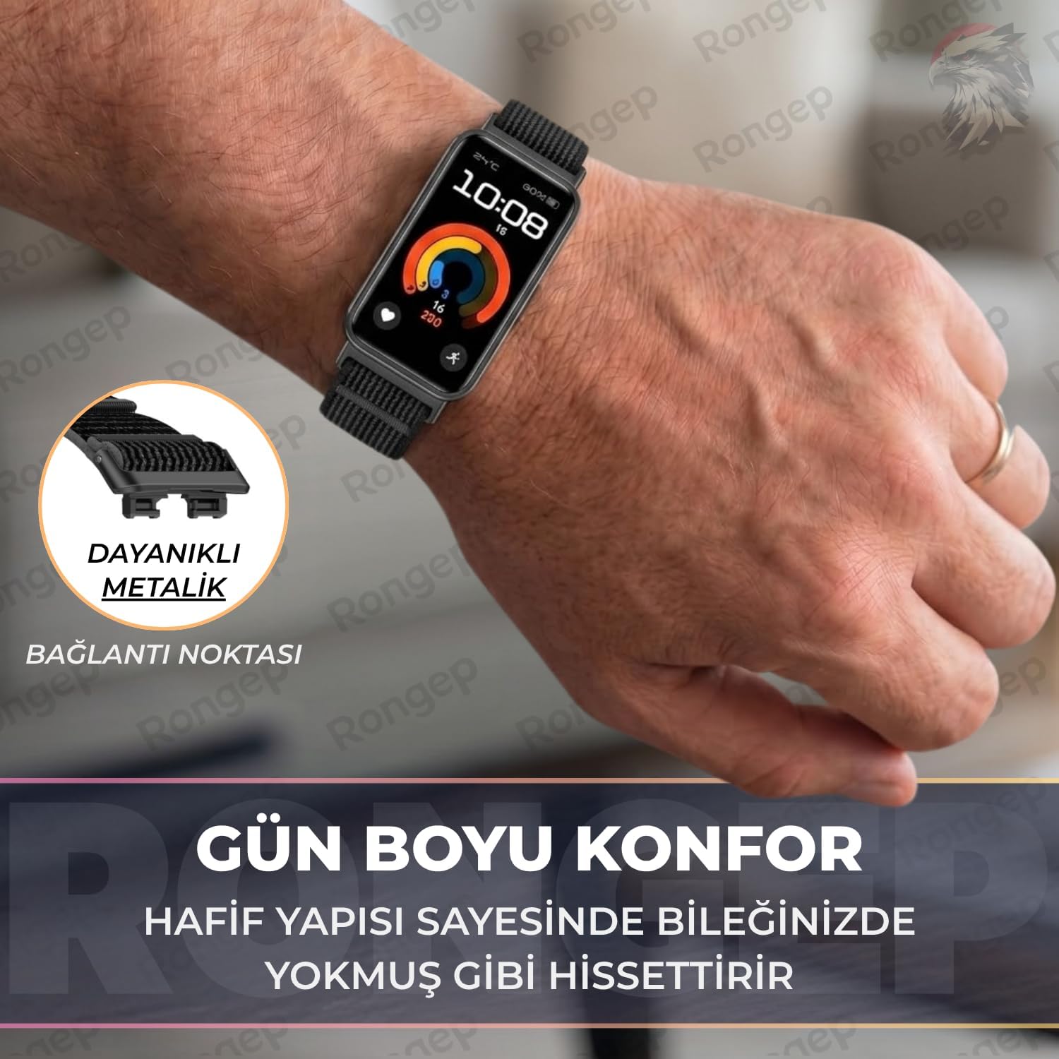 Rongep Huawei Band 10-9-8 ile Uyumlu [Hook Loop] Kumaş Kordon Yumuşak ve Konforlu Huawei Band 8 Kordon Terletmeyen Nefes Alabilir Yapılı Cırt Cırt Tasarımlı Huawei Band 10 Kordonu