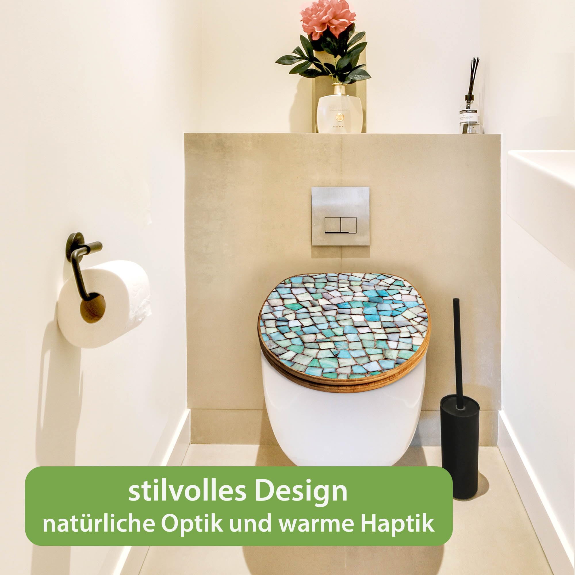 banjado Design WC Sitz Bambus Absenkautomatik 45,8x37,5cm - Toilettendeckel mit Absenkautomatik Holz - hochwertiger Bambus Klodeckel - WC-Sitz für gängigen Toiletten - Motiv Mosaik Blau