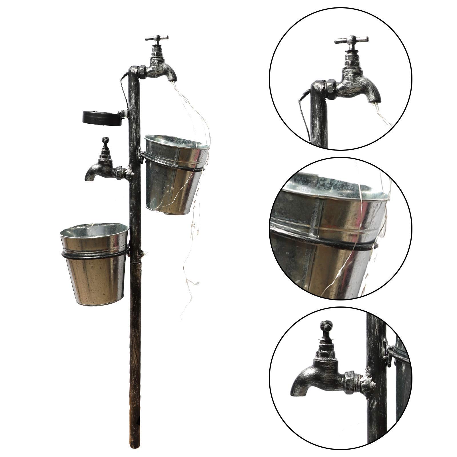 MorTime Solar Faucet Garden Stake with Two Planters, LED Lights Flowing Water Retro Metal Faucet Yard Stake Outdoor Plant Holder Flower Pots for Lawn Garden Decorations