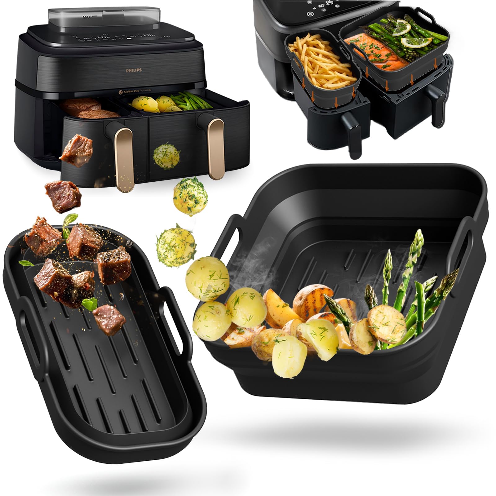 Faltbar Silikonform Heißluftfritteuse Zubehör Set Wiederverwendba Auflaufform für Philips Airfryer 3000-5000 Steam Dual Basket 9L