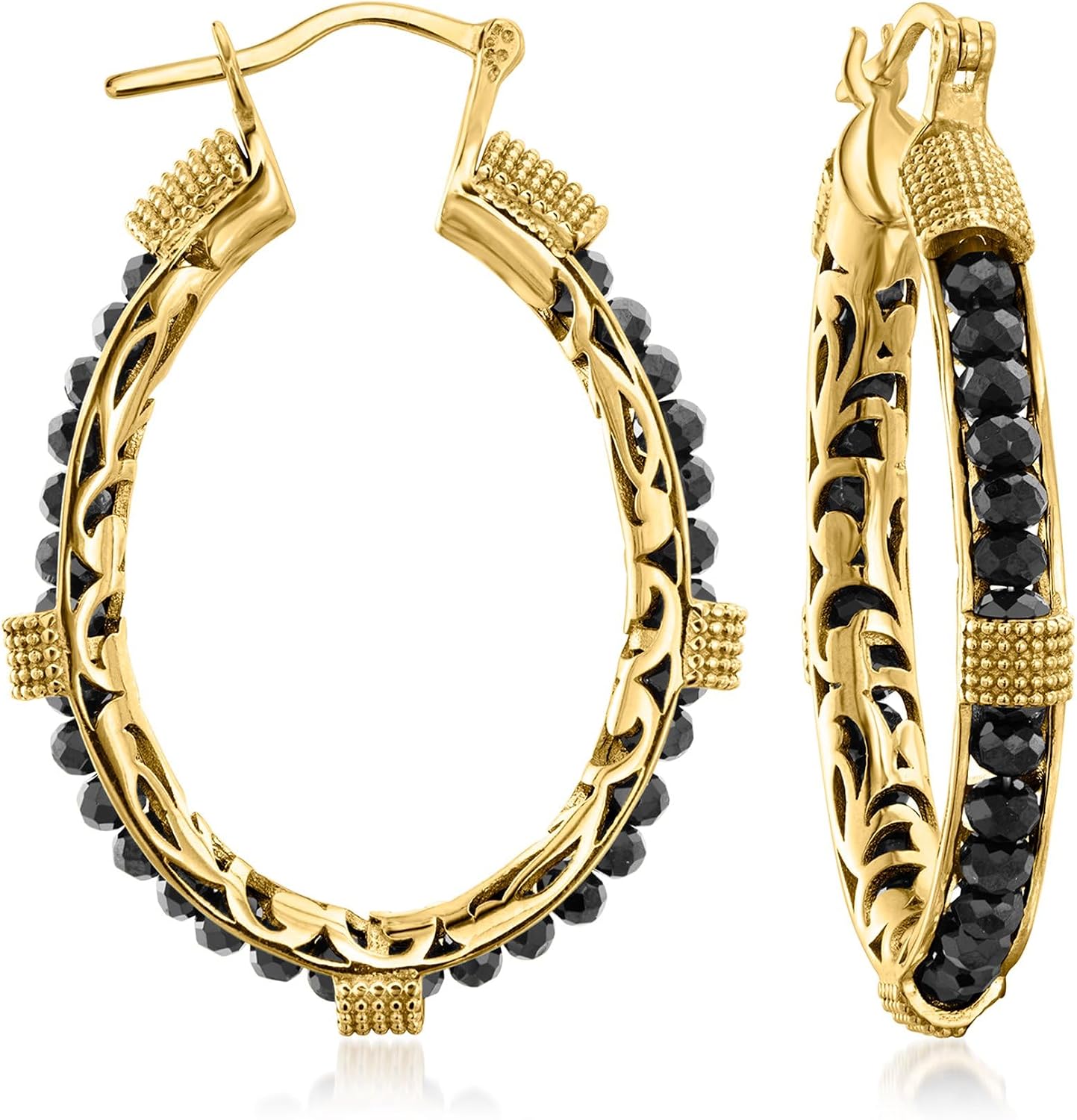 Ross-Simons 15.00 ct. t.w. Black Spinel Bead Hoop Earrings in 18kt Gold Over Sterling