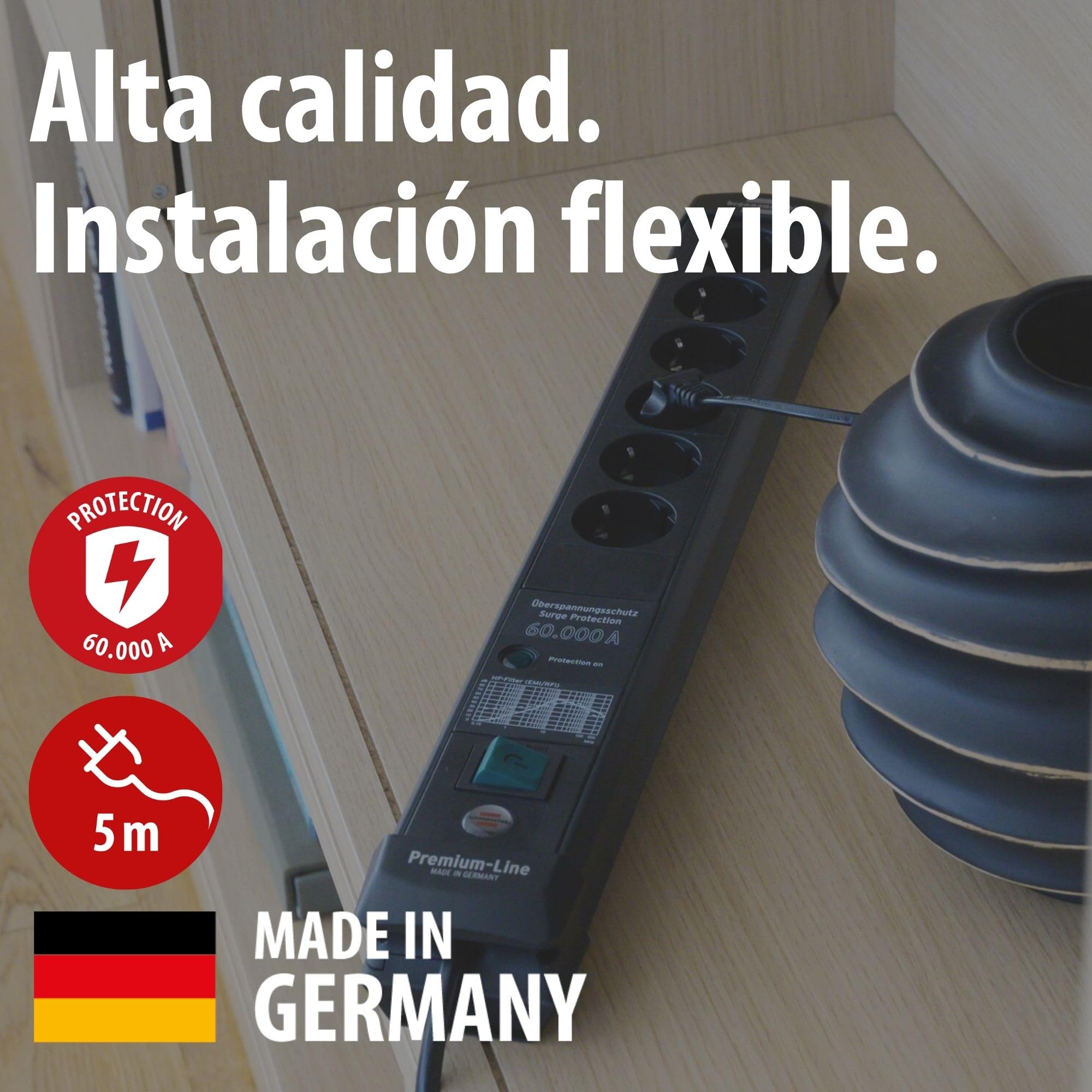 Brennenstuhl Premium-Line regleta enchufes de 6 Tomas con protección contra sobretensiones hasta 60.000 A (Cable de 5 m, Interruptor, montable, Fabricado en Alemania) Negro