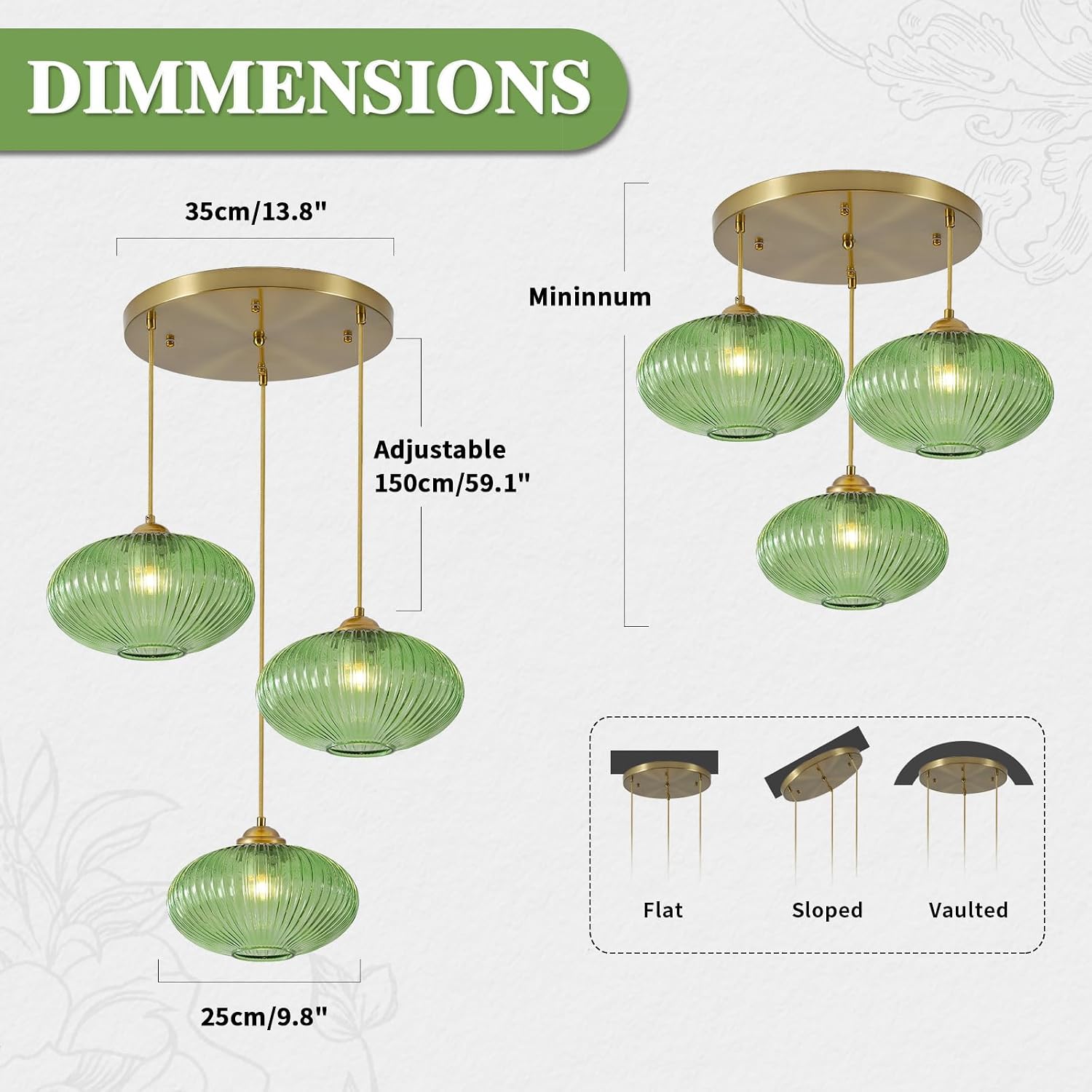 BOKT Kitchen Island 3 Light Green Cluster Pendant Lighting Modern Gold Cluster Chandelier with Striped Glass Round Staircase Flush Mount Ceiling Light Foyer High Ceiling Light