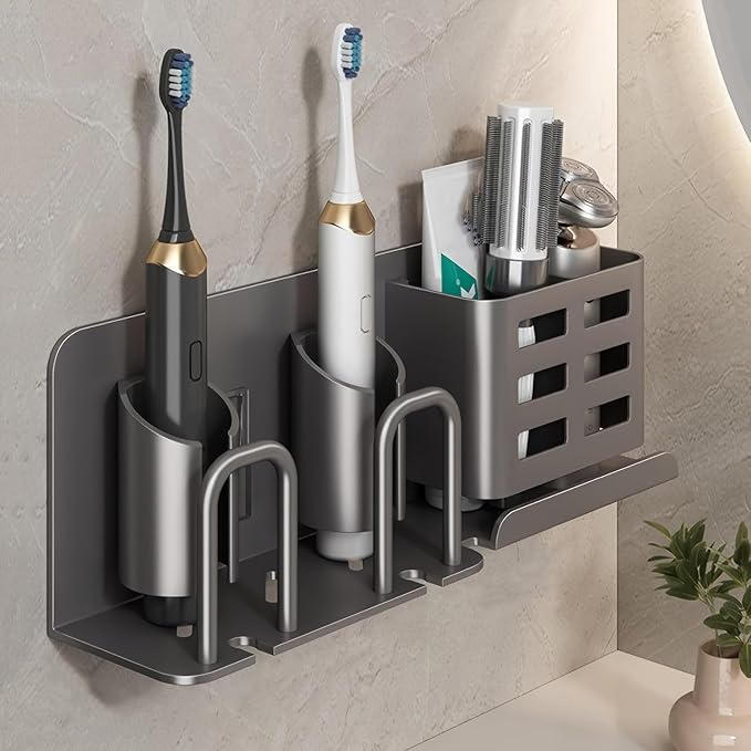 Electric Toothbrush Holder Wall Mounted, Rust-Proof Aluminum 2-Slot Organizer with Shelf - Minimalist Bathroom Storage for Small Spaces, Gray
