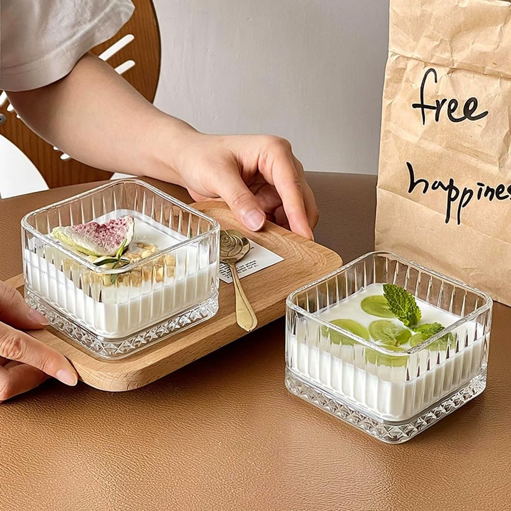 Avastro Vintage Striped Glass Ice Cream Bowl Square Dessert Fruit Oatmeal Breakfast Bowls Mini Transparent Yoghurt Salad Bowl 200ml Pack of 2