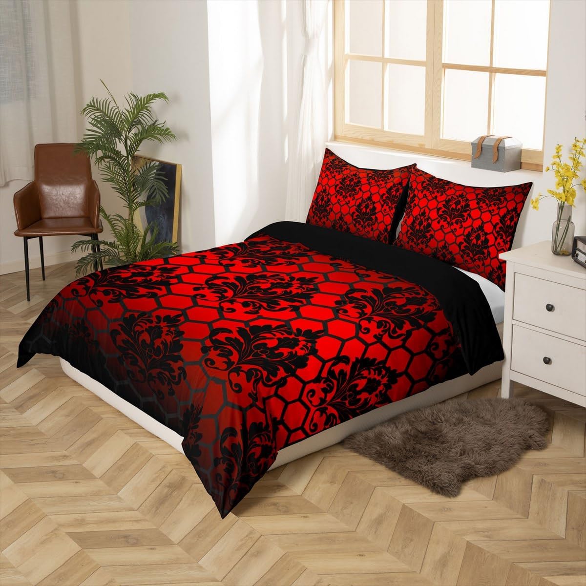 Honeycomb Hexagon Duvet Cover Set Toddler Size,Black Damask Lace Floral Red Reversible Quilt Cover for Kids Boys Girls Boho Victorian Baroque Bedding Set with 1 Pillowcase,No Comforter