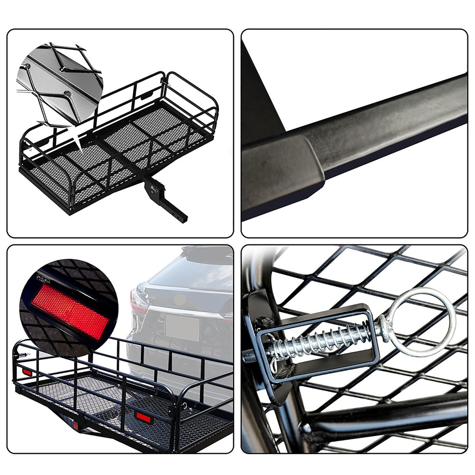 Transportador de carga de enganche resistente de 500lb, cesta de acero plegable de 60x24 pulgadas con lados y reflectores elevados para SUV Truck.Transporte seguro equipo de camping de equipaje en rem