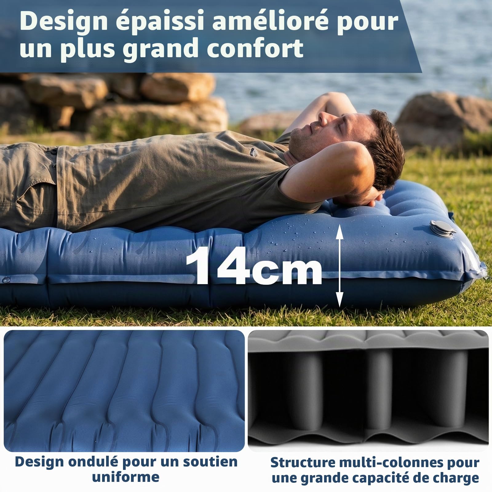 Matelas isolant pour camping et extérieur, 14 cm, épais, avec coussin et pompe à pied, pliable, compact, gonflable, pour randonnée, voyage, plage, 192 x 68 x 14 cm