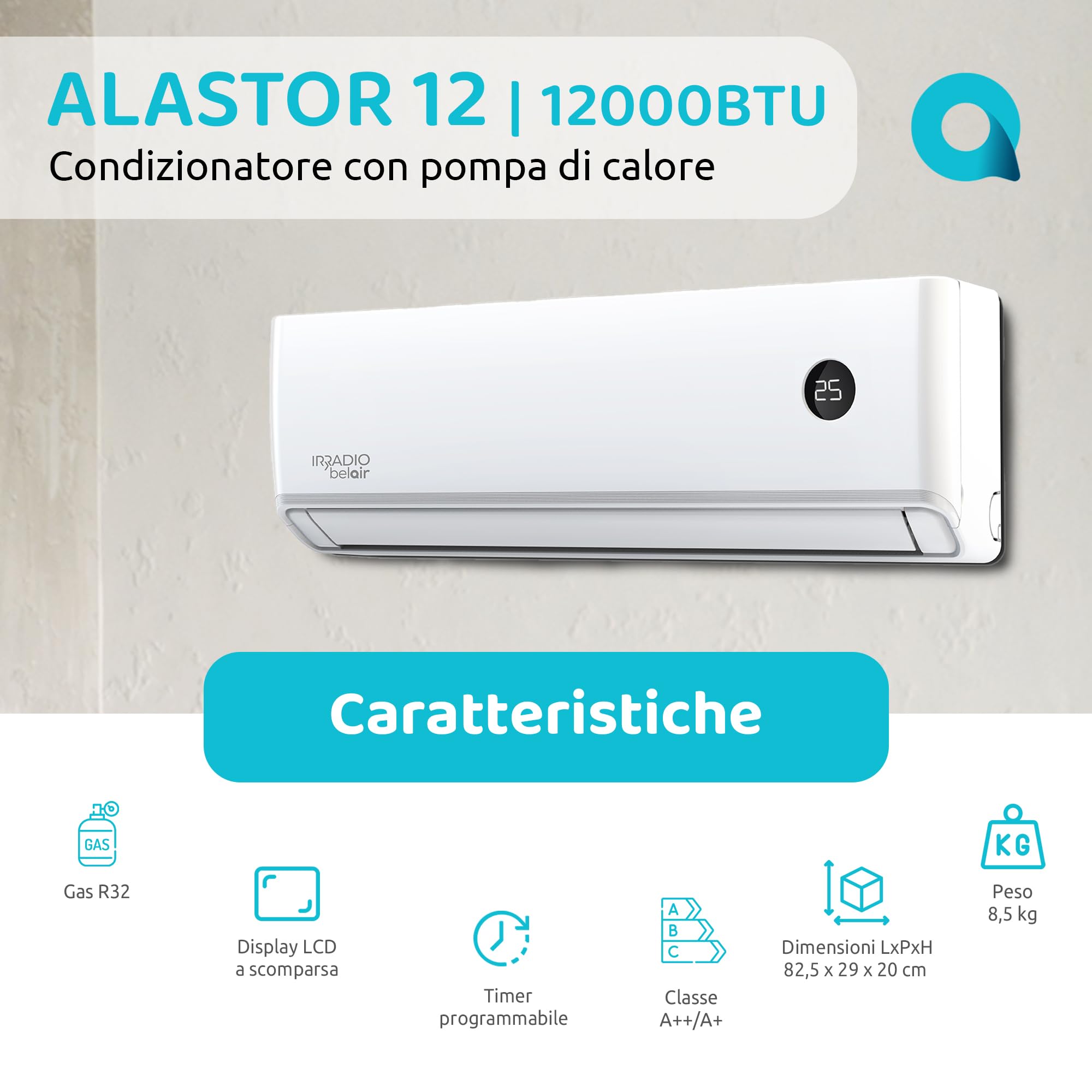 ALASTOR 12, 12000 btu, Kit Condizionatore Inverter con Pompa di Calore, Gas R32, Classe A++/A+, Telecomando, Filtri Lavabili, Display LCD, Funzioni Avanzate, Timer Programmabile