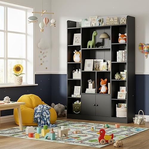 Miniatura 3 de Estantería negra de 63 pulgadas de alto con 14 cubos y armario de 2 puertas, estantería grande de madera de 5 niveles, organizador de almacenamiento