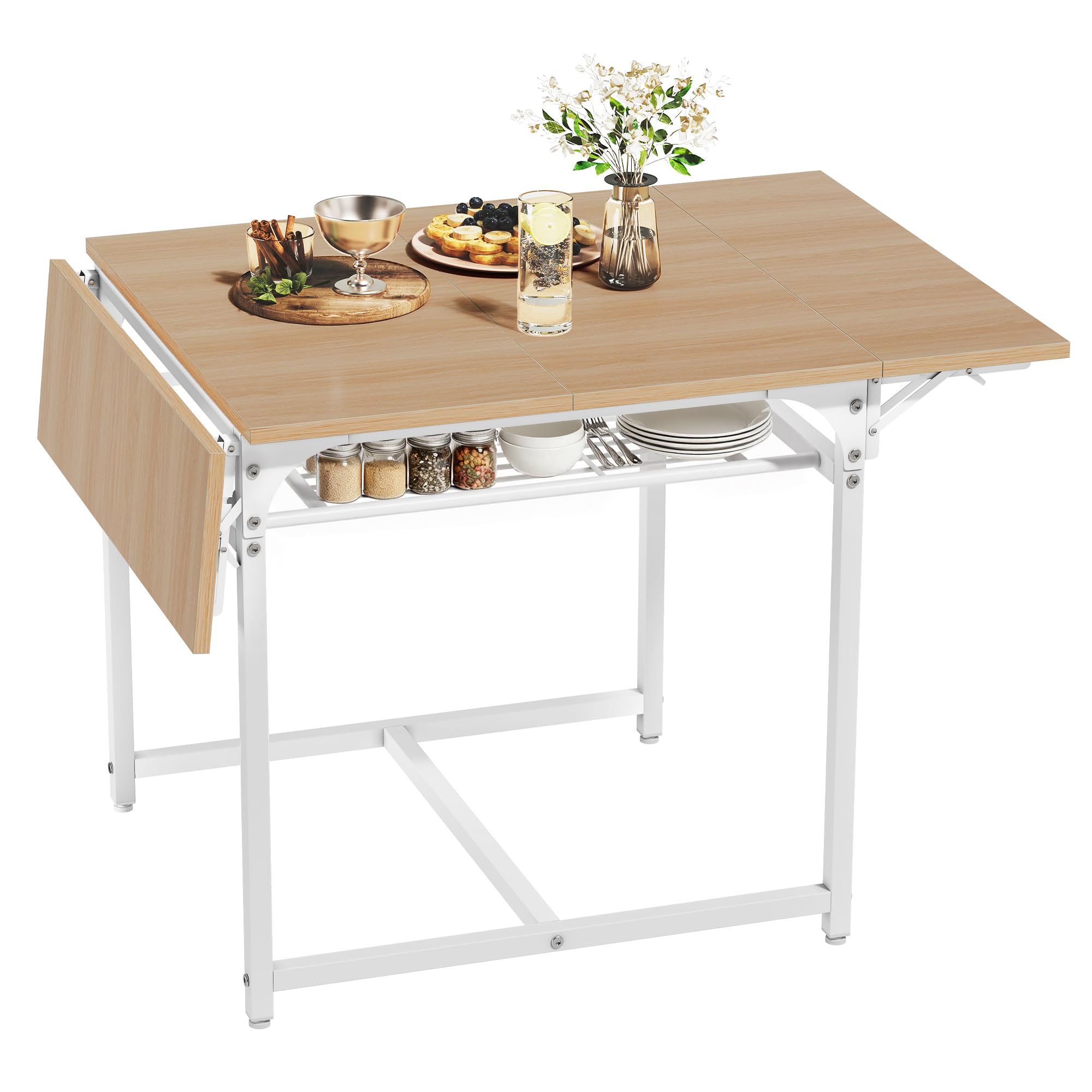 YITAHOME Table à Manger Pliante, Table à Feuilles Extensible avec Porte-Bagages et 4 Jambes réglables, sièges 2-6 Personnes, 120 x 78 x 75cm, chêne Jaune et Blanc