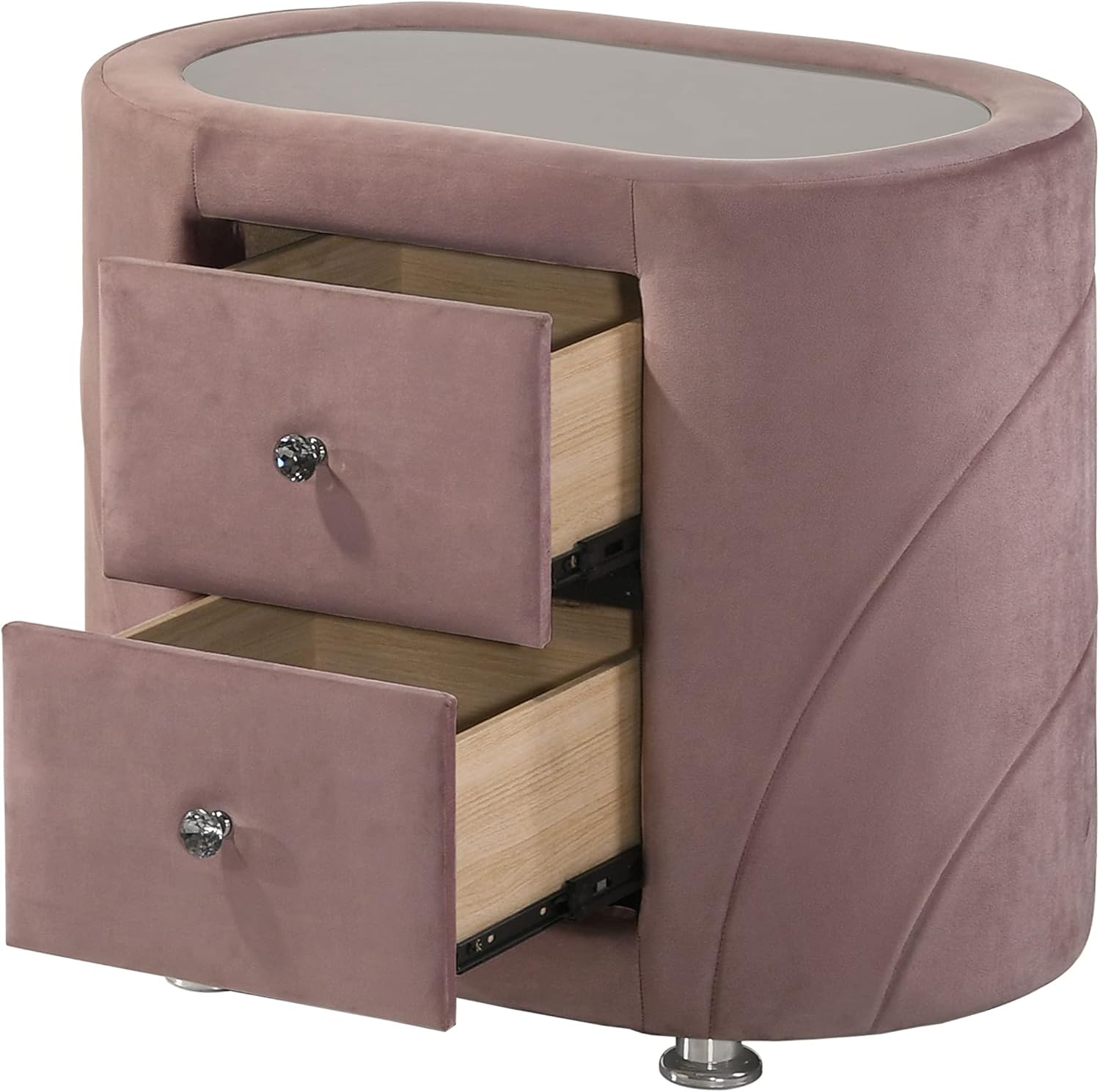 Acme Salonia 2 Drawers Velvet Upholstery Nightstand with Mirror Top in Pink