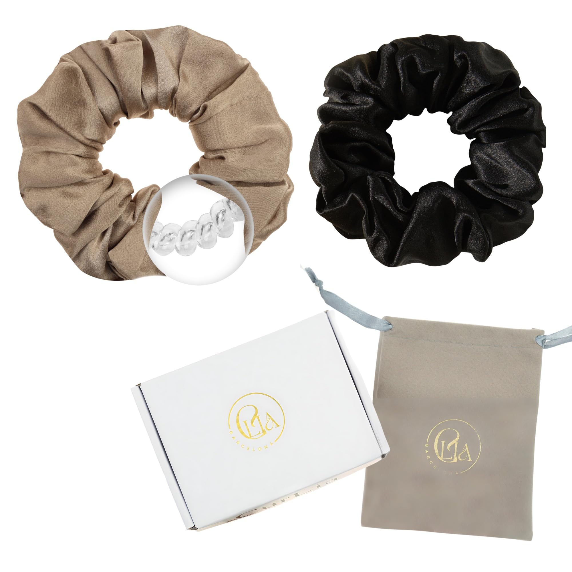 Curlia Scrunchies de Seda para Mujeres (Paquete de 2) - Coleteros Suaves y Elásticos con Banda en Espiral para Moños, Coletas y Peinados Elegantes (Negro & Bronce)