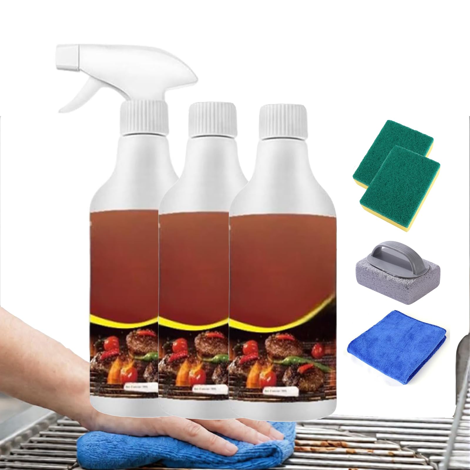 Potente sgrassatore per piastre, spray sgrassante per griglia ad azione rapida, 300 ml, detergente sgrassatore per griglia e gri-glia per barbecue, con spugna e asciugamano (3set)