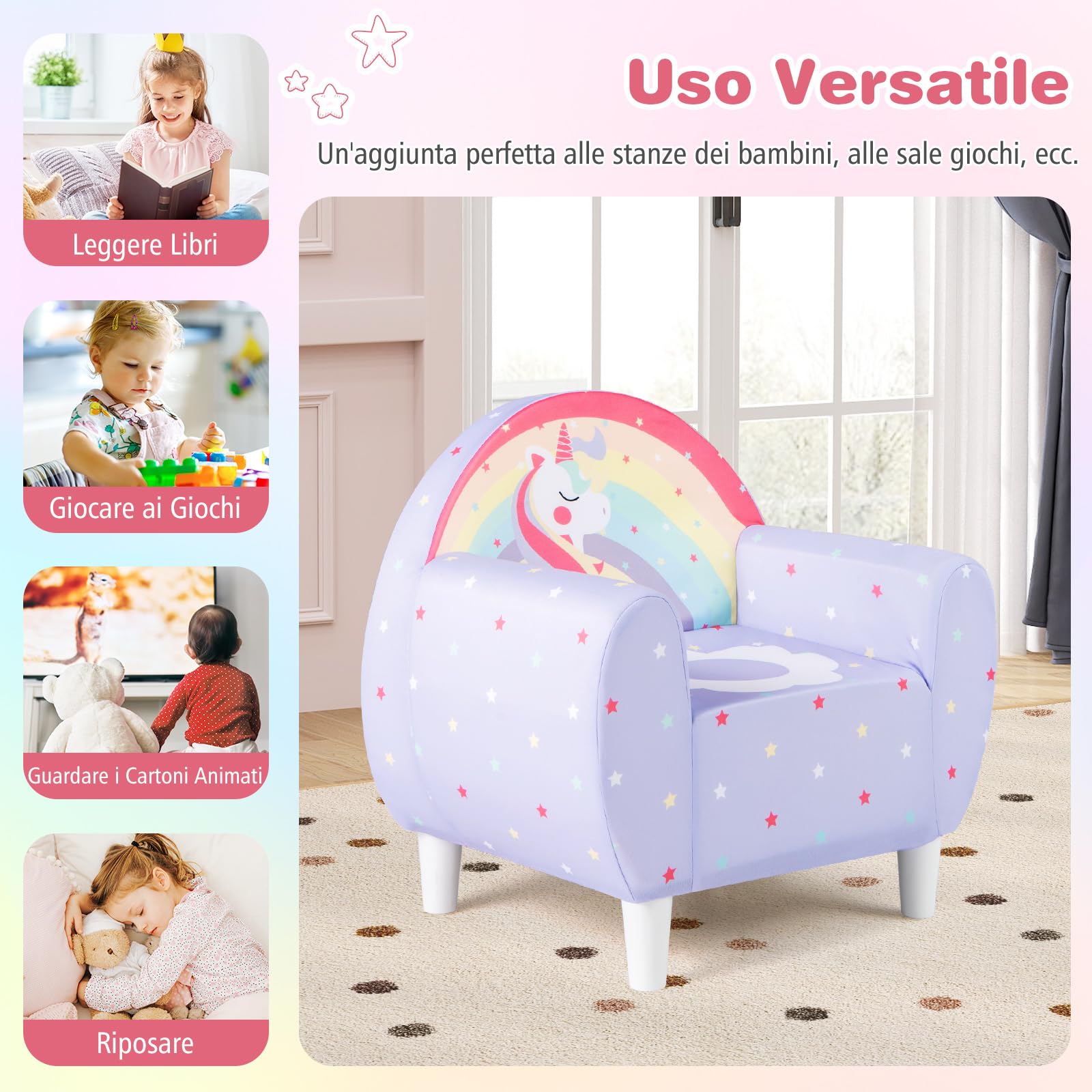 COSTWAY Divano per Bambini a Forma di Unicorno 55 x 40 x 55cm, Poltrona Imbottita con Tessuto Elastico Traspirante e Riempimento in Spugna, Mobile Moderno per Cameretta (Lilla)