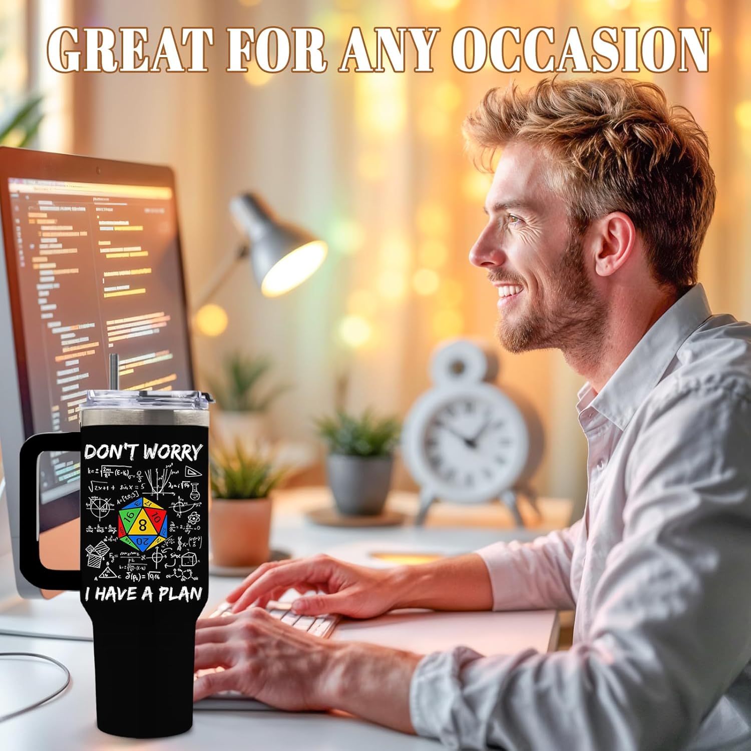 DUUV Funny Tumbler 40 Oz with Handle, Don't Worry I Have a Plan Dice and Math Design, Sarcastic Nerd Gifts for Gamers Math Lovers, Birthday Christmas Gift, 1PCS - Image 7