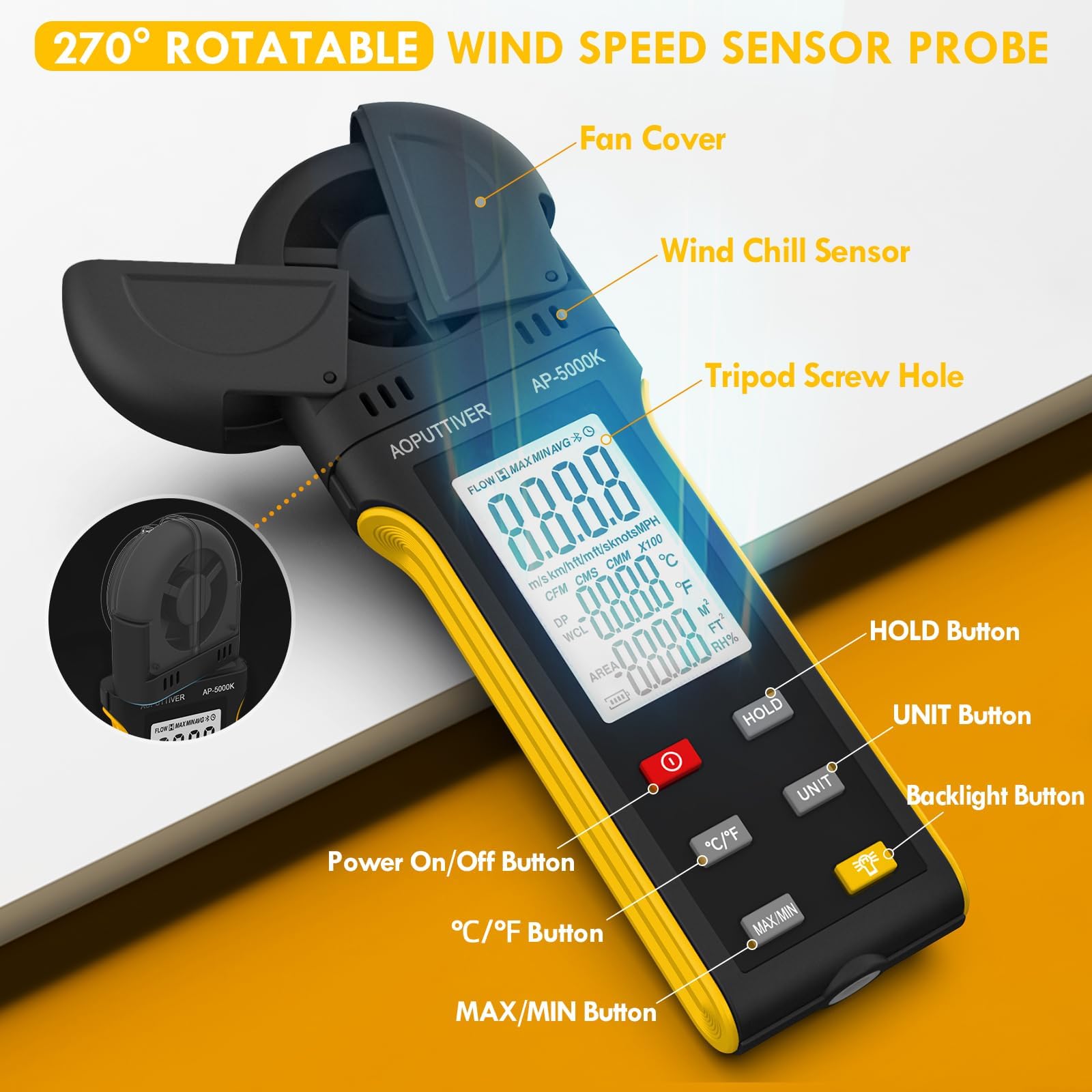 AP-5000K Anemómetro portátil con detector giratorio de 270° y doble tapa de ala, anemómetro retroiluminado, temperatura max/min/AVG