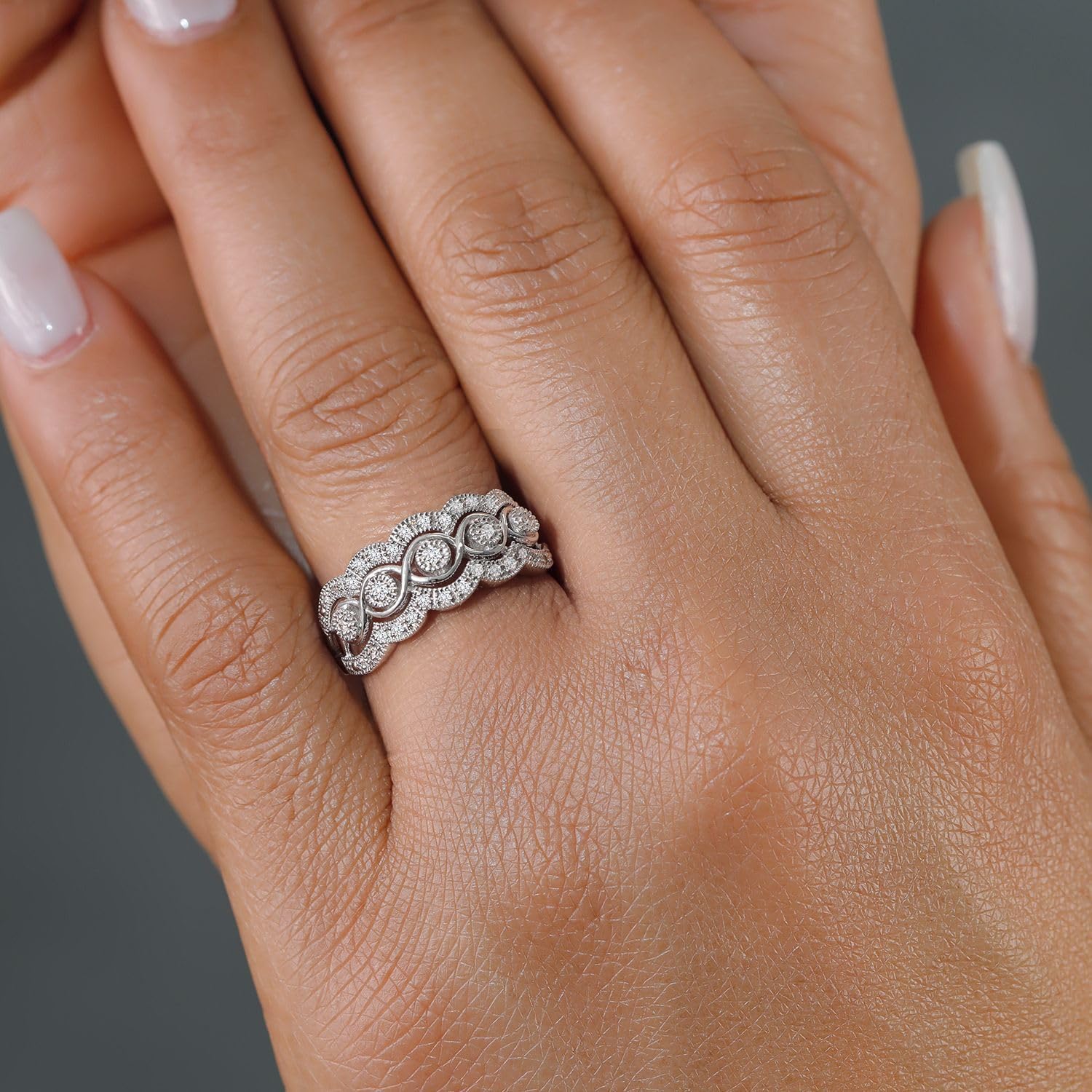 Gem Stone King 14K White Gold White Diamond Intricately Interlaced Cocktail Ring | 0.16 Cttw | Wedding Engagement Anniversary Promise | Gold Ring For Women | Ring Size 5-9