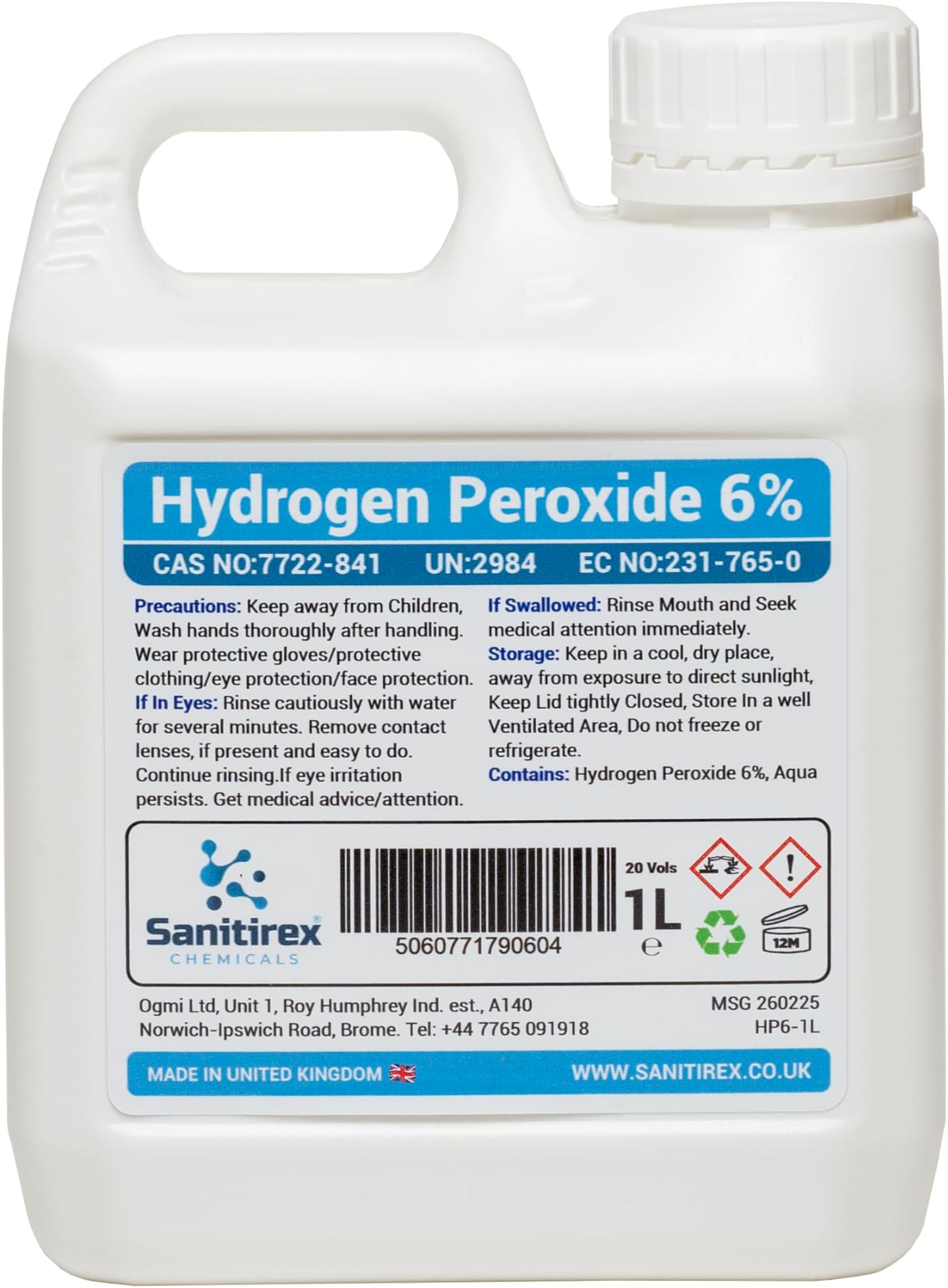 Hydrogen Peroxide 6% 20 Vols. 50ml 500ml 1L 5L Litre for Cleaning Disinfecting Bleaching (1L)