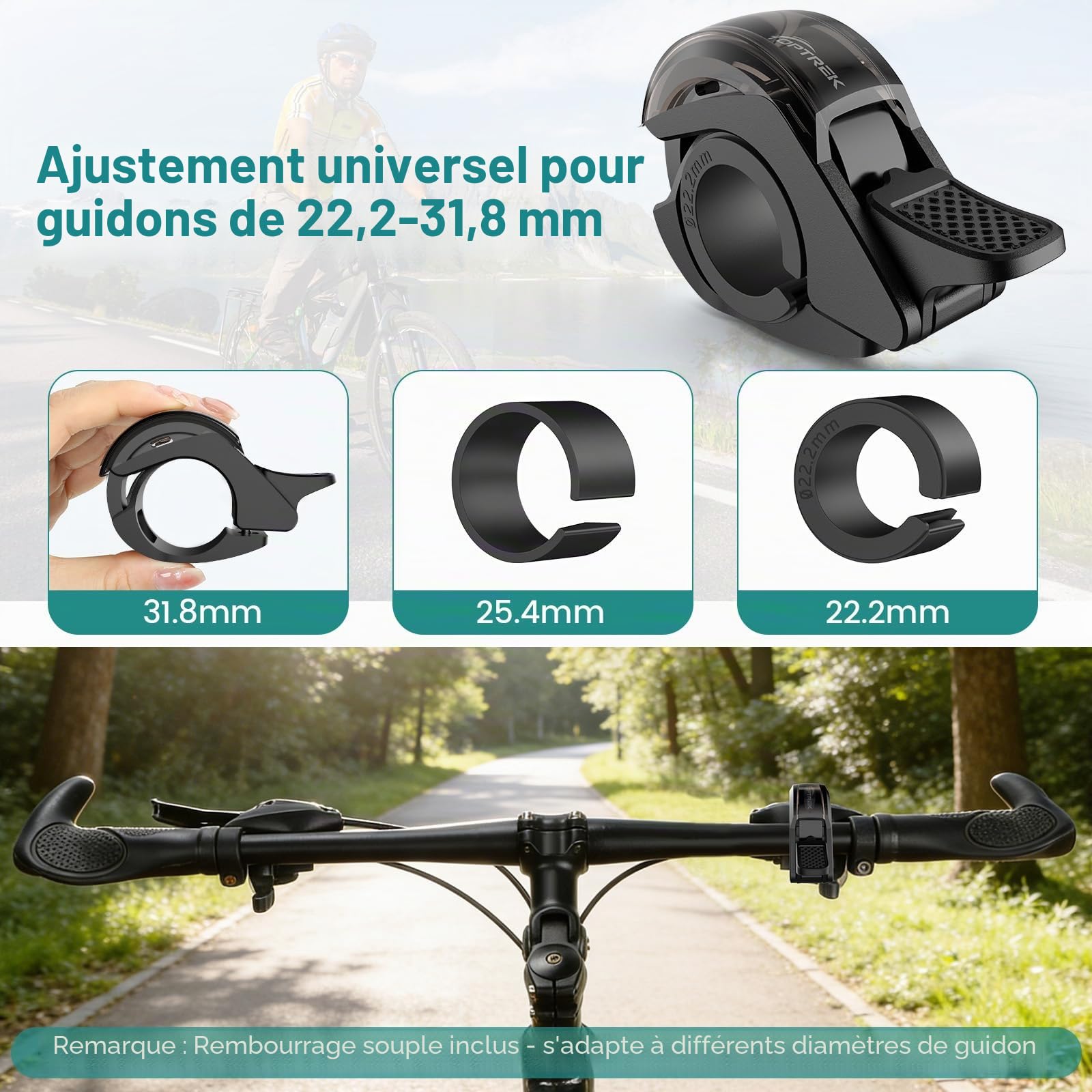 toptrek Sonnette de vélo de montagne innovante en alliage d'aluminium - Mise à niveau 2026 - 110 dB - Sonnette de vélo puissante - Pour vélo de route, vélo électrique et VTT - Guidon de 22,2 à 31,8 mm