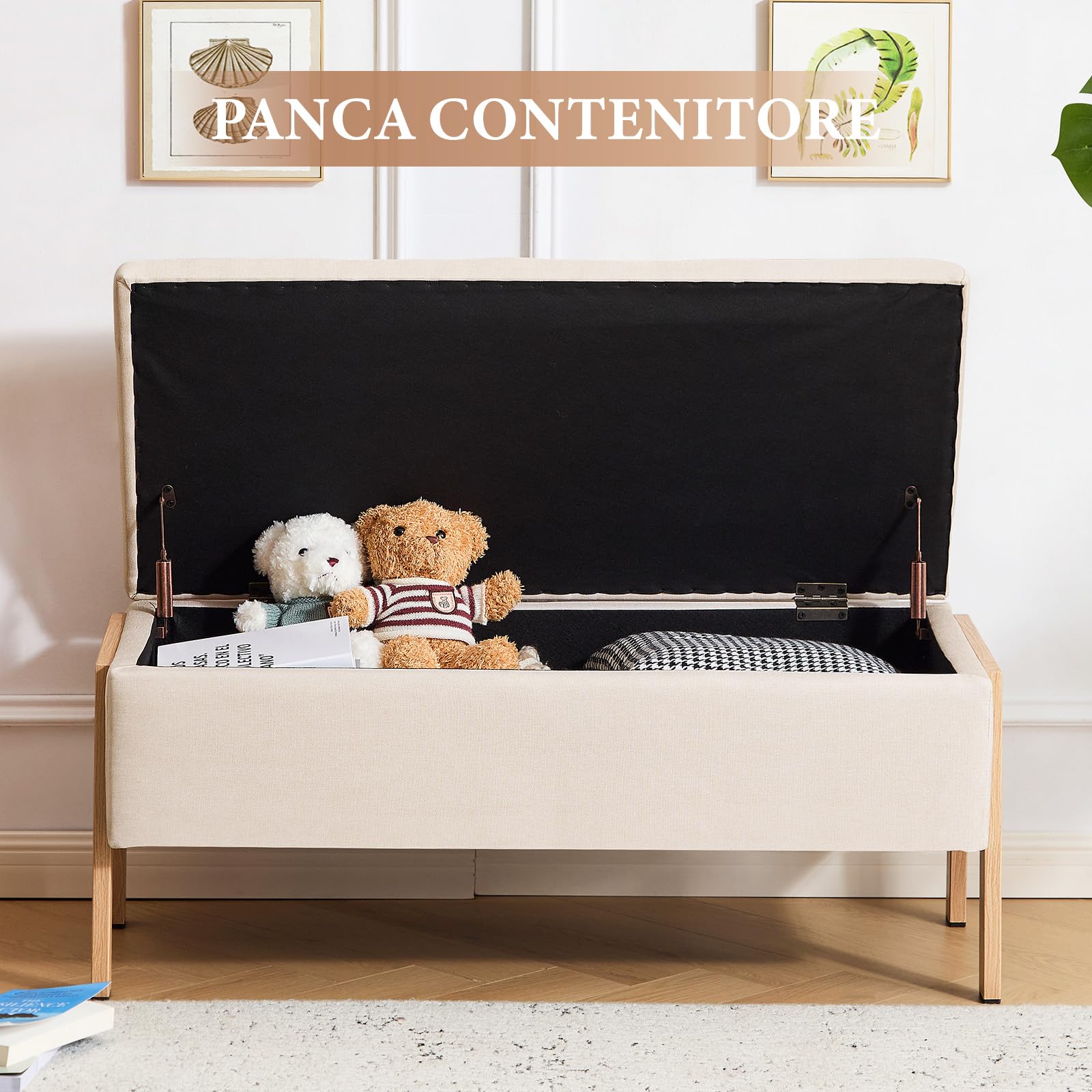 Panca Contenitore Camera da Letto, Panca Fondo Letto, Cassapanca con Contenitore Imbottita, Pouf Organizzatore Ottomano in Lino per Camera da Letto Soggiorno Ingresso, Beige