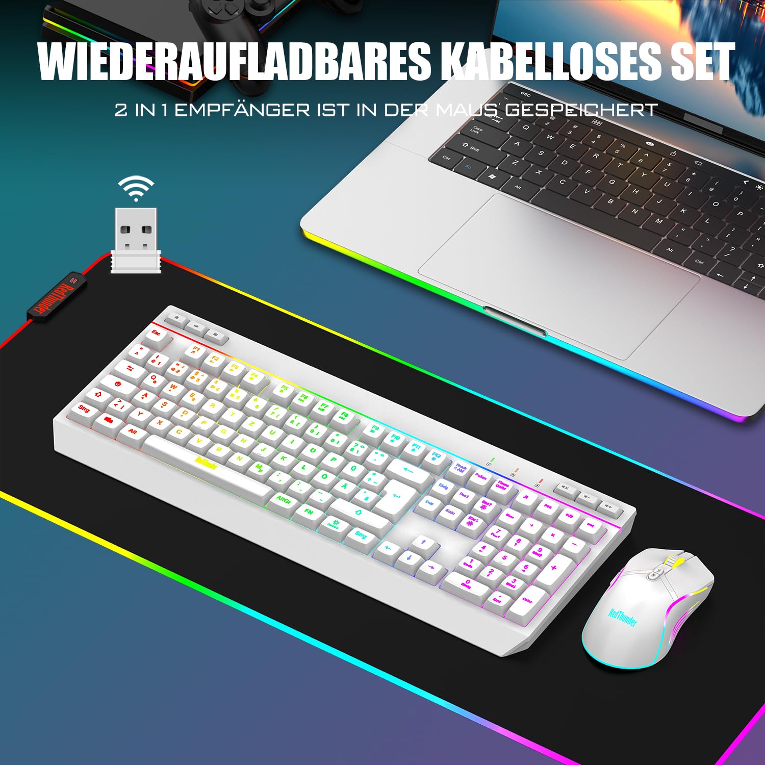 RedThunder K20 Kabelloses Gaming Tastatur und Maus Set, QWERTZ DE Layout, RGB Hintergrundbeleuchtung + Multimedia Funktionstasten, 4800DPI Kabelloses Maus für PC Mac Laptop(Weiß)