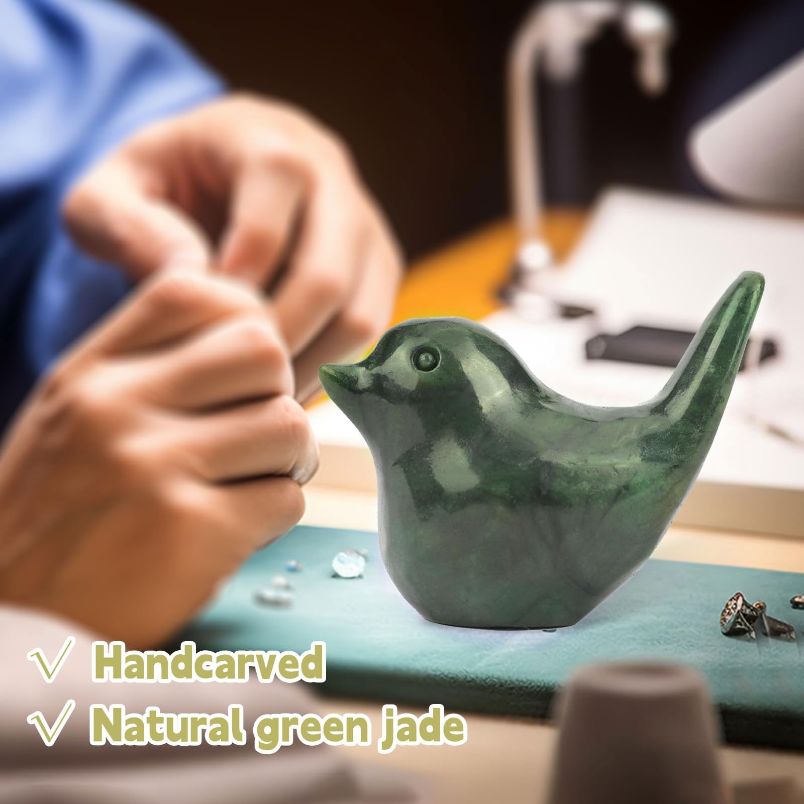 gemshan Green Natural Jade Bird Hand Carved Small Art Animal Pocket Animal Figurine for Home Office Decoration - Image 2