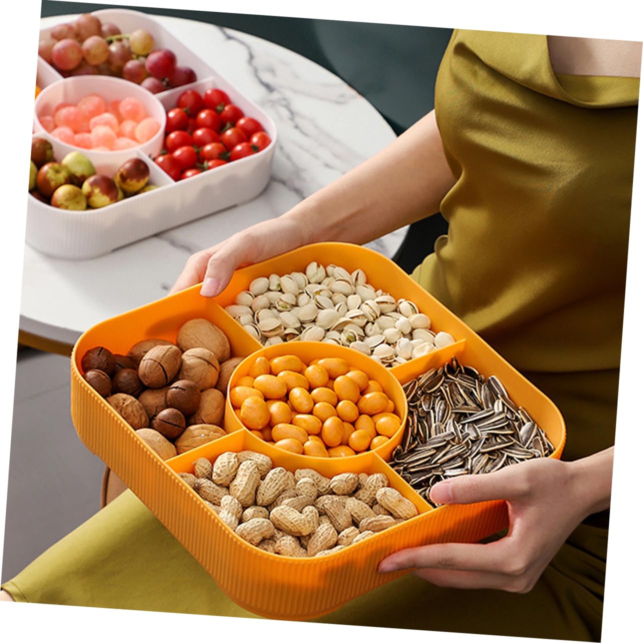 PRETYZOOM 1pezzi Contenitore Per Snack Multiplo Con Coperchio Vassoio Scomparti Per Frutta Secca e Dolci Per Feste Compleanni e Occasioni Speciali