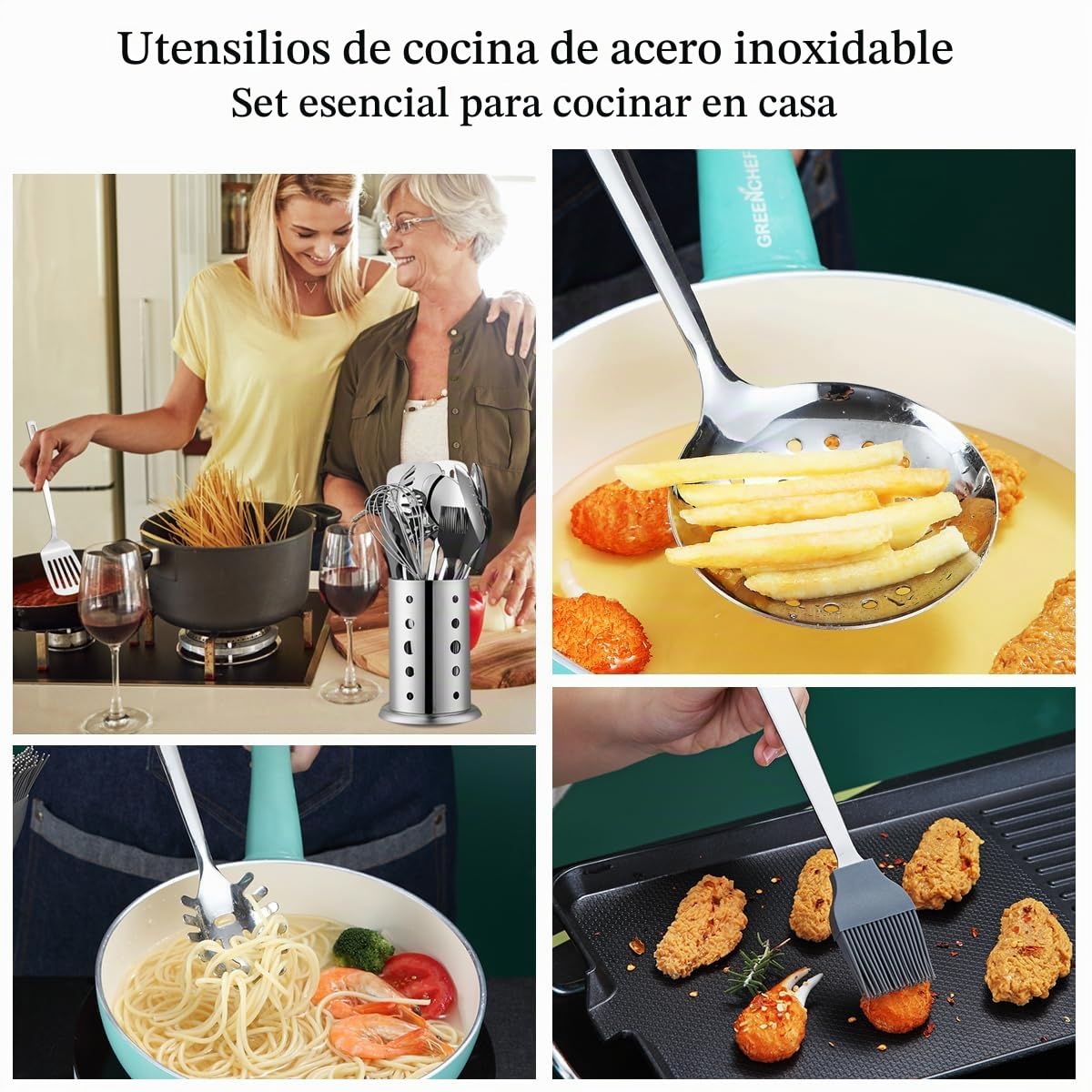 Juego de utensilios de cocina de acero inoxidable 40 piezas con soporte para utensilios, utensilios de cocina elementos esenciales, juego de espátula de metal