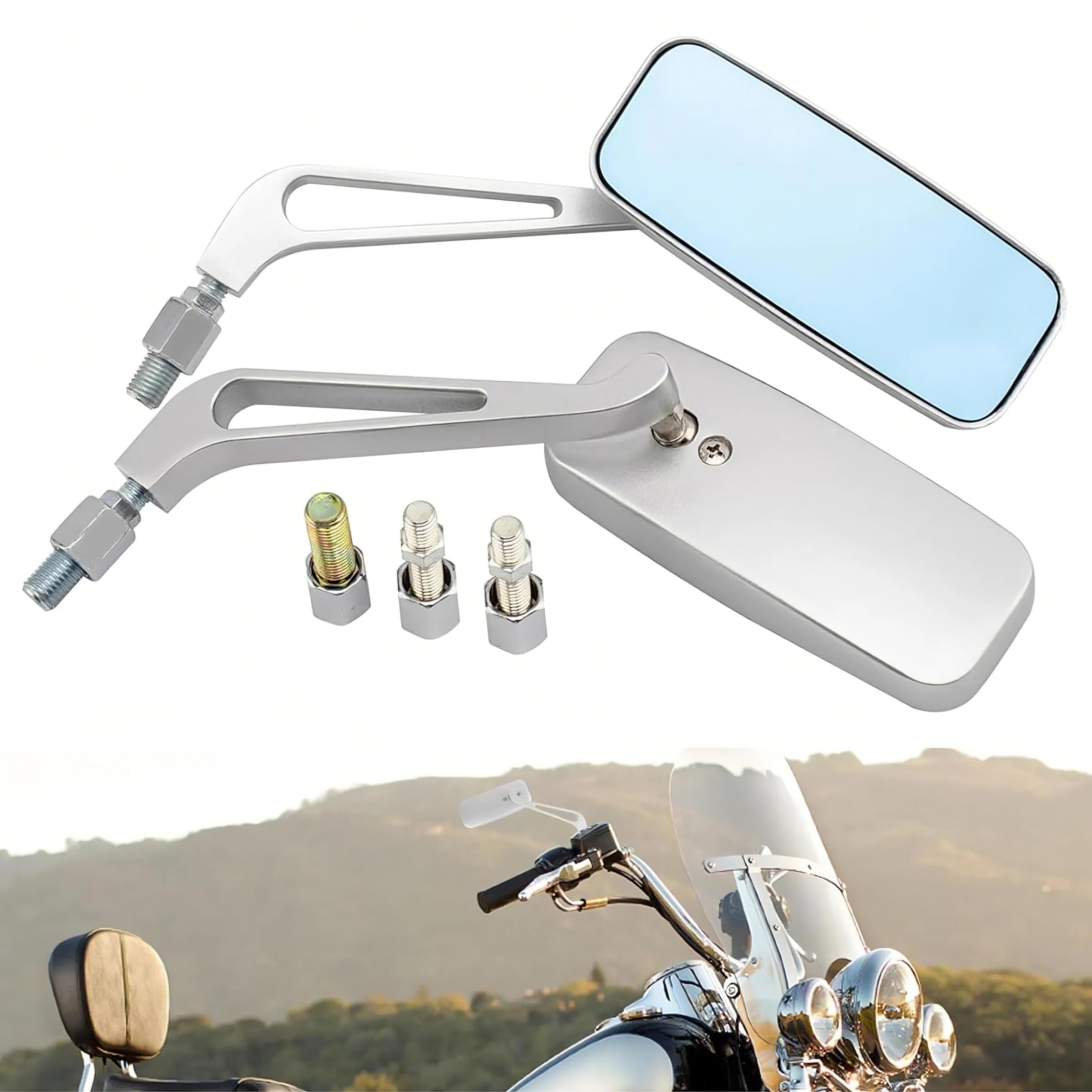 8mm /10mm Rétroviseur Rectangulaire Moto, Rétro Rétroviseur Latéral Compatible avec Bobber Cruiser Choppers Touring ATV Sport vélo Street Bikes