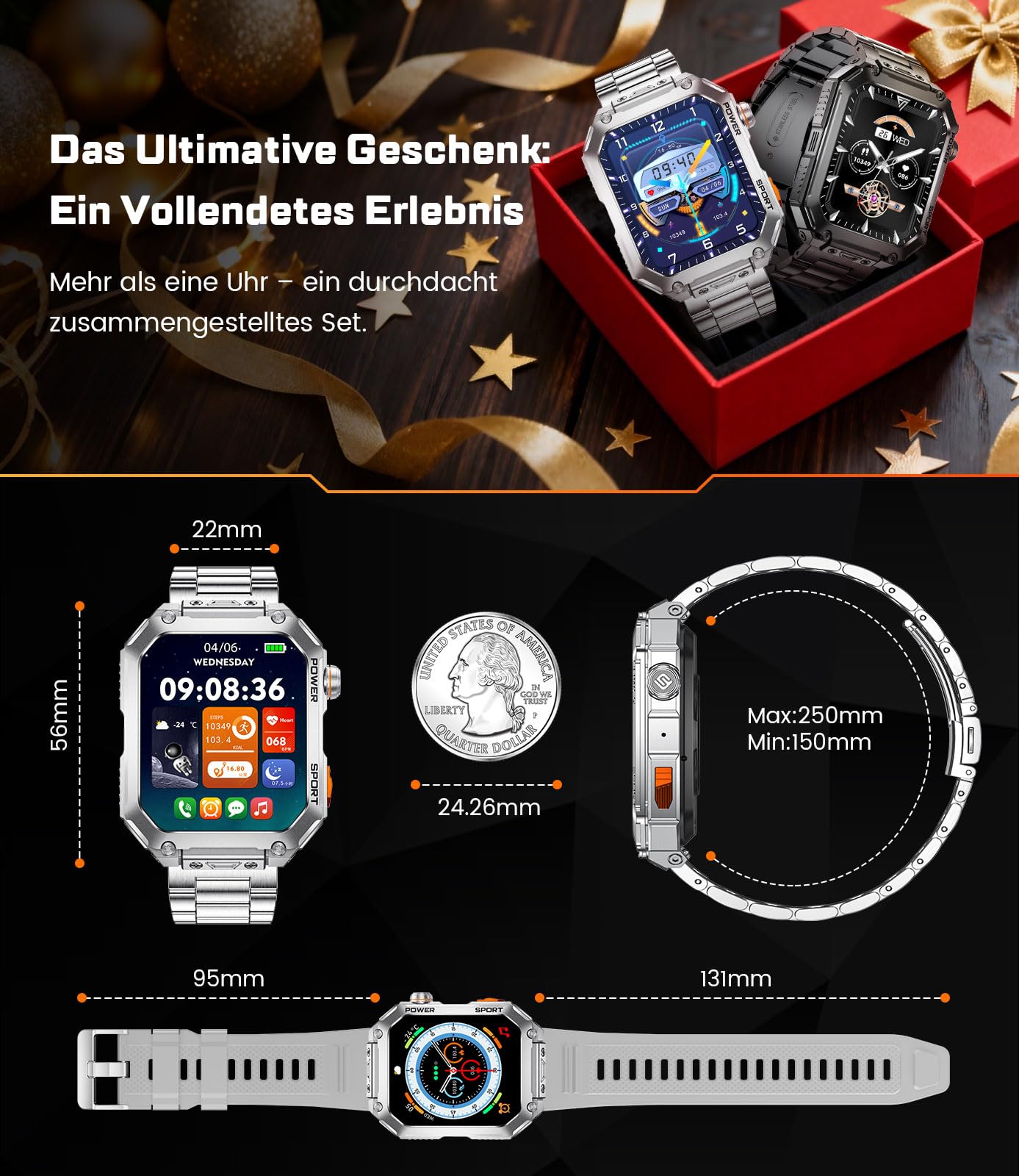 ESFOE Montre Connectée Homme,1,96" Militaire Smartwatch avec Appel Bluetooth 3 Bracelets 100+ Modes Sportifs 5ATM Étanche Fréquence Cardiaque Podomètre Fitness Tracker iOS Android Argent Métallisé