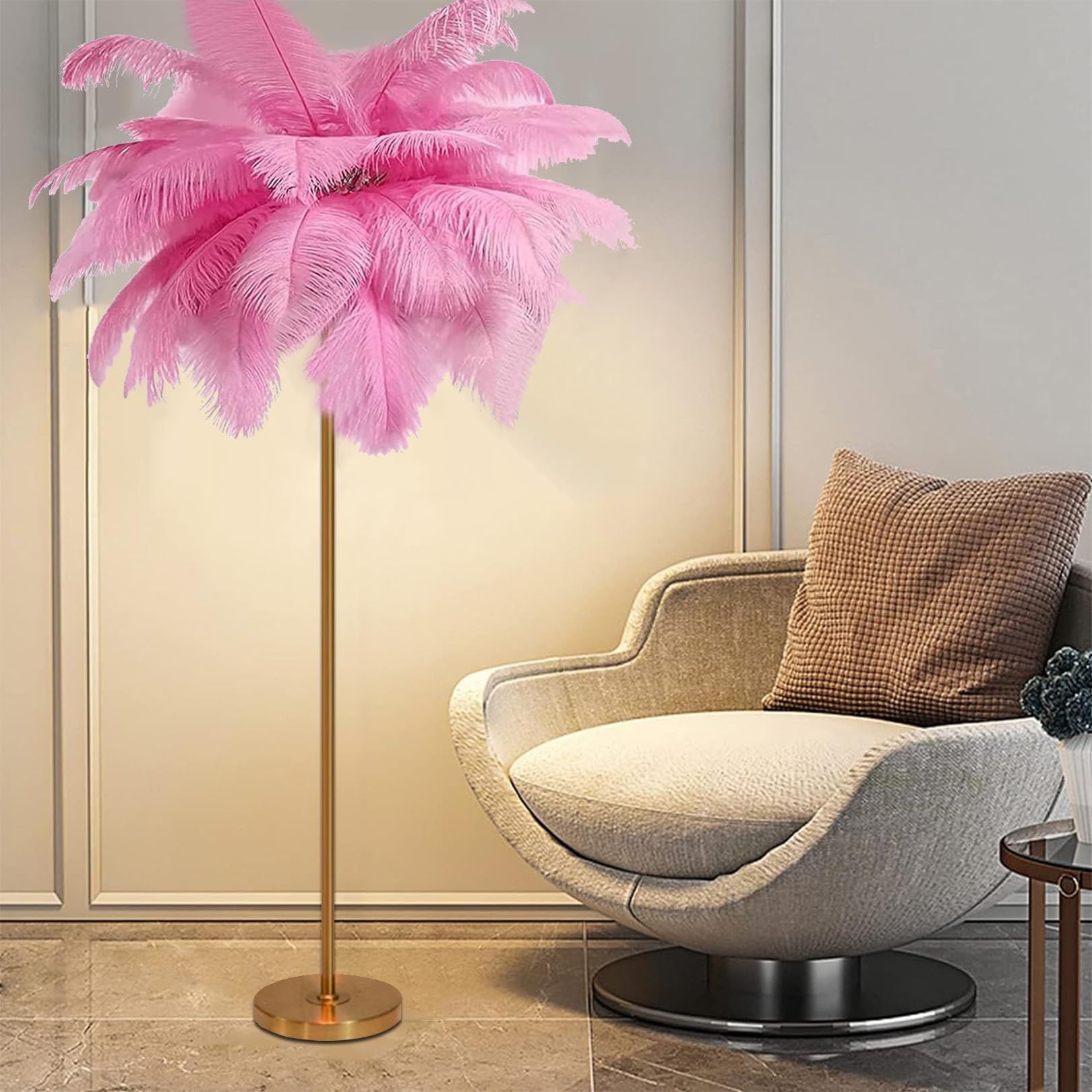 Feather Floor Lamp - Modern Gold Standing Light with Elegant Lampshade for Bedroom, Living Room, Office - Natural Ostrich Feather Design