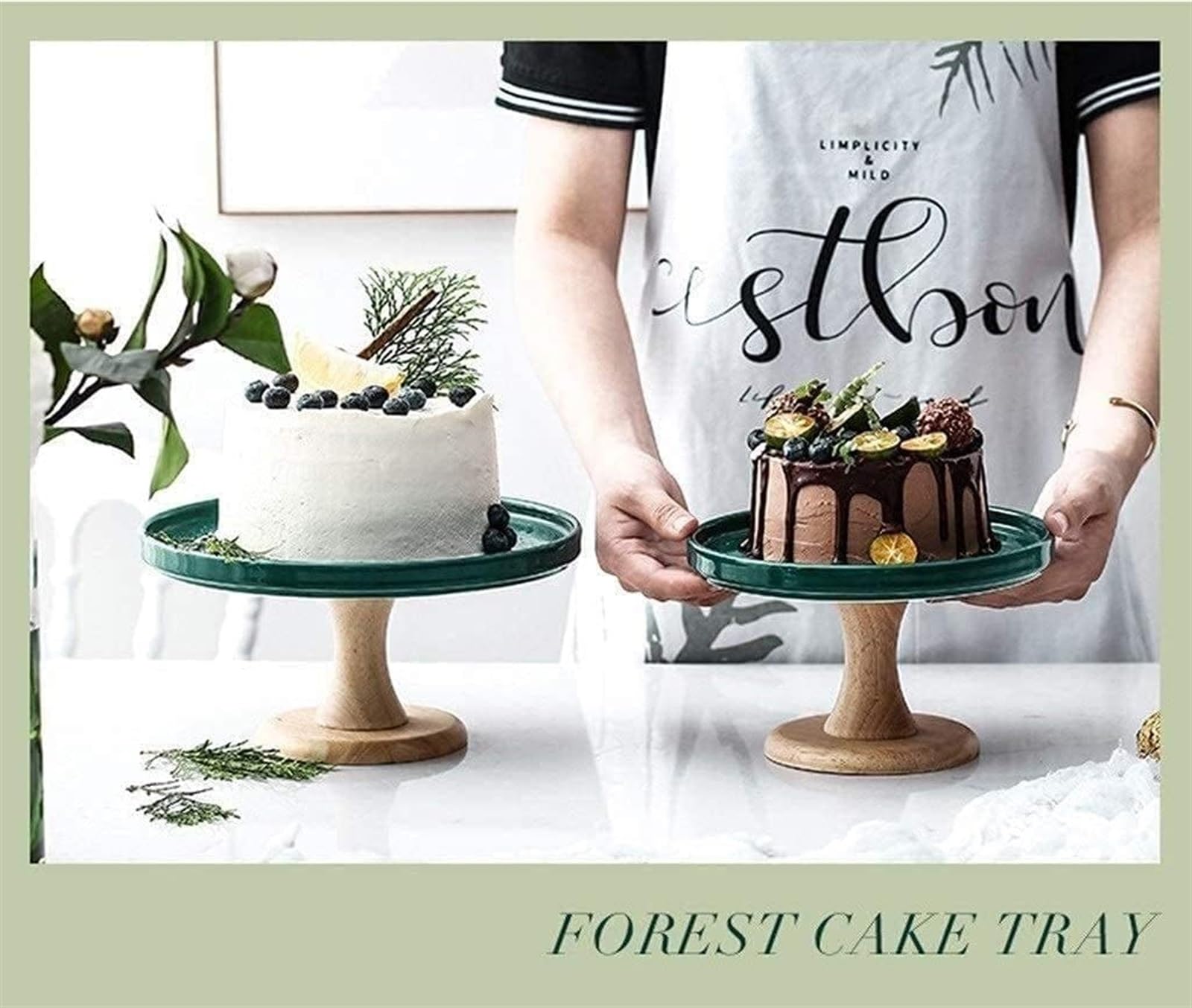 Soporte para Pasteles, Bandeja de cerámica para repostería con Base de Madera para Fiestas, Bandeja de Vidrio para postres, ensaladas, Sushi, Funda para donas, Almacenamiento