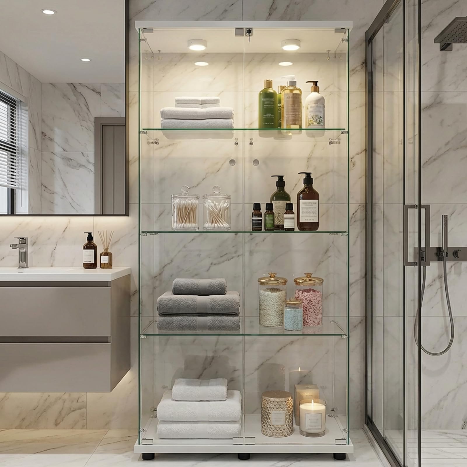 Vetrinetta con illuminazione LED, armadio espositivo bianco 164,5 x 80,6 x 36,5 cm, porte in vetro con serratura, vetrinetta a terra con 2 luci LED, vetro temperato di sicurezza da 5 mm