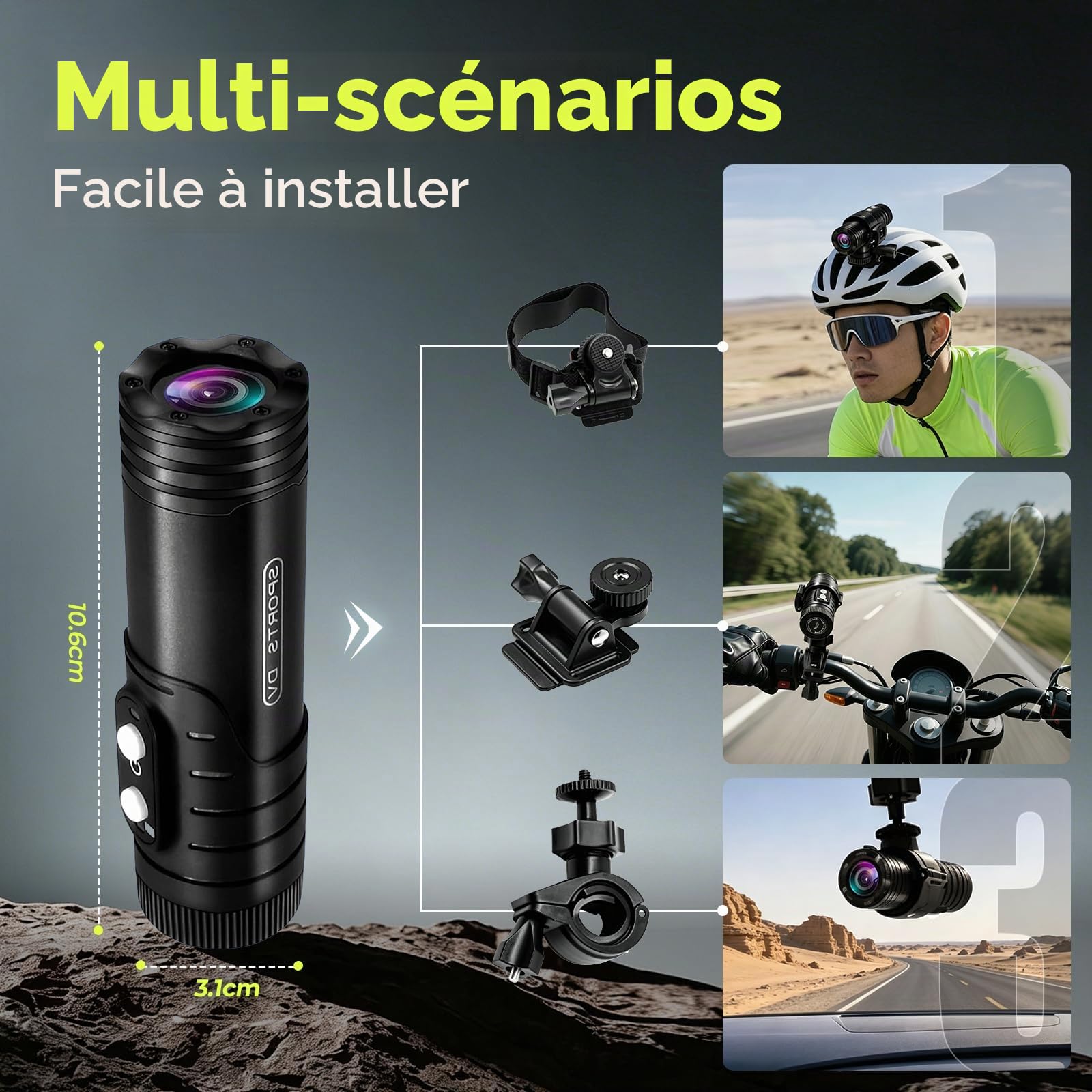 AIKER Dashcam Moto,Version Améliorée WiFi Camera Moto,1080phd&120°Grand Angle Caméra Velo/Calibrage Automatique du Niveau/Étanchéité Ip66 Camera Sport/Longue Autonomie Connexion Pratique