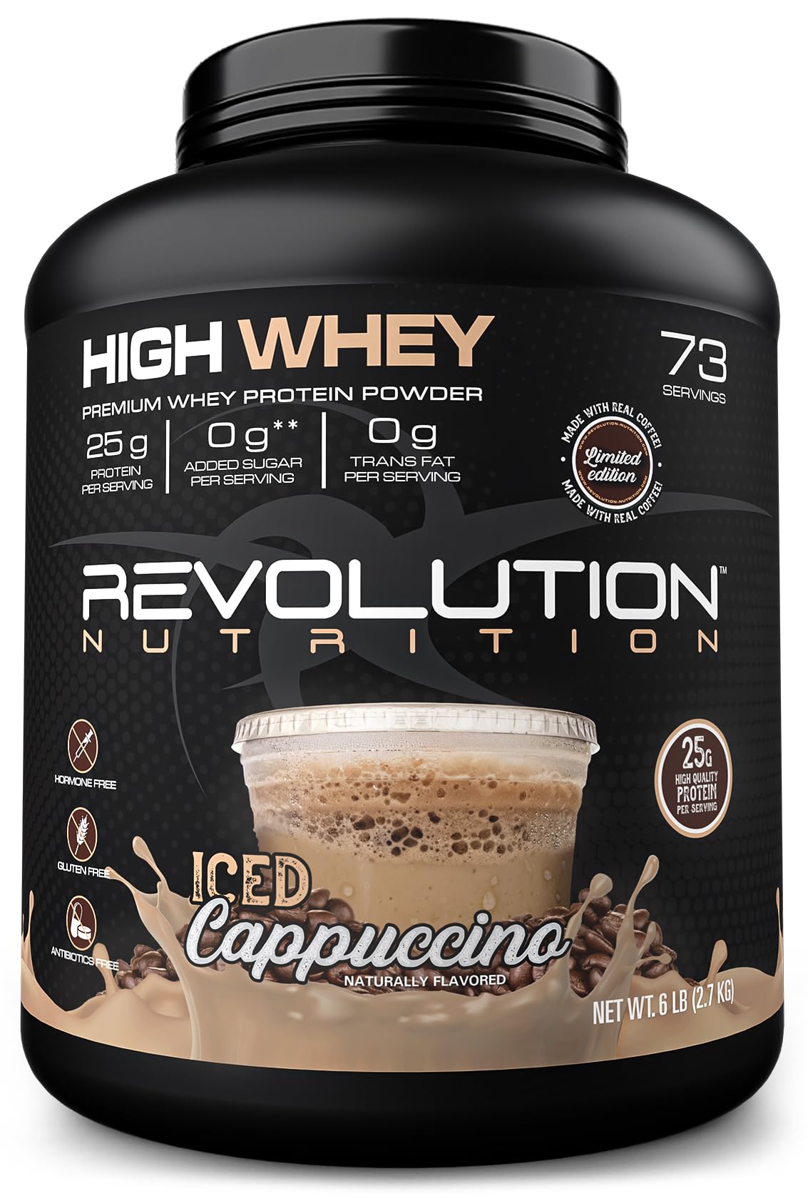 Revolution Nutrition, High Whey, Protein Powder 6LB, Whey Isolate, Gluten Free, Lean Muscle Mass for Men & Women, 25g of Protein Per Scoop, 2.7kg, 73 Servings (Iced Cappuccino, 6 Pound)