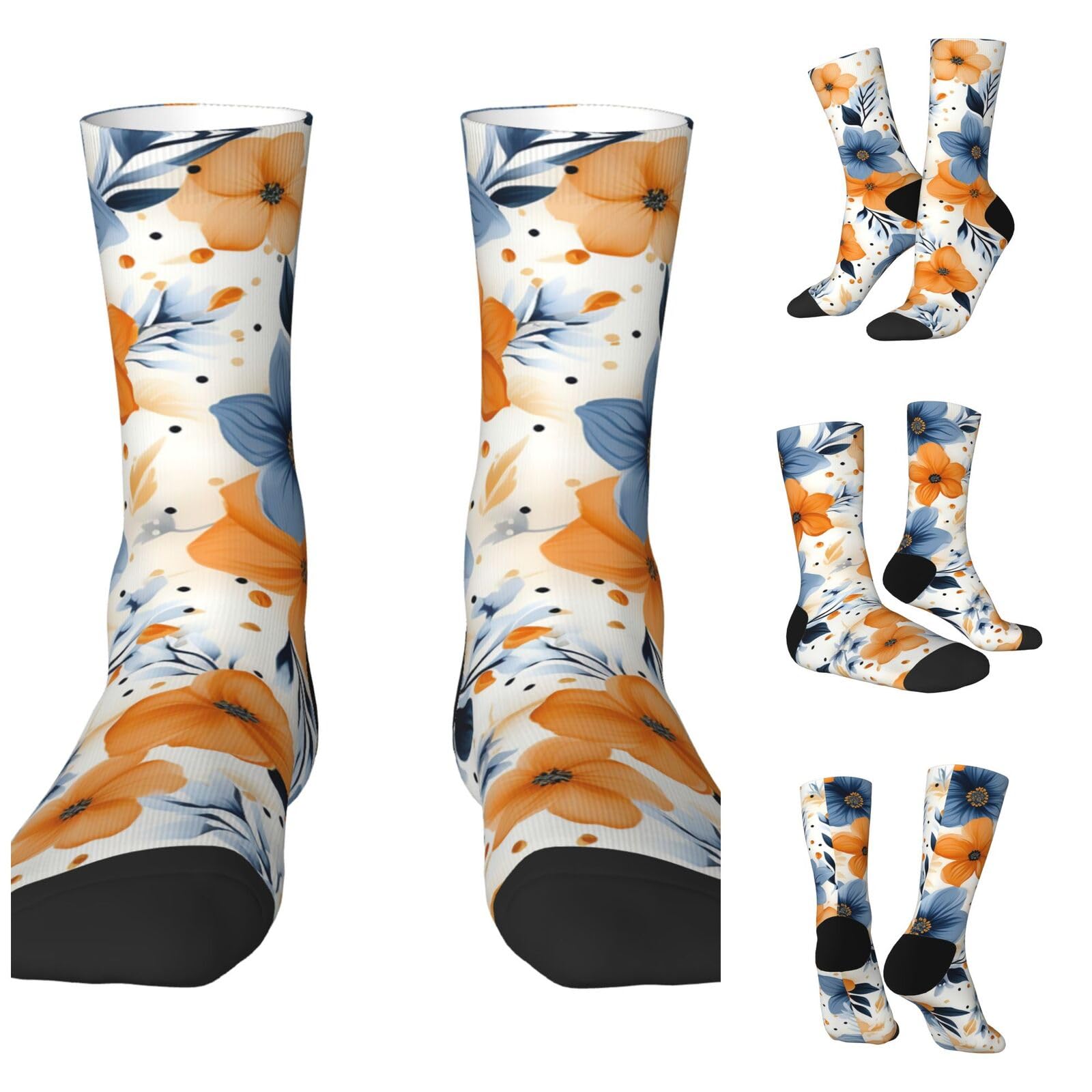 LZQPOEAS Blue and orange flowers on white background Athletic Socks Unisex Cushioned Crew Socks Hiking Running Calf Sock Soft Above Ankle Sock